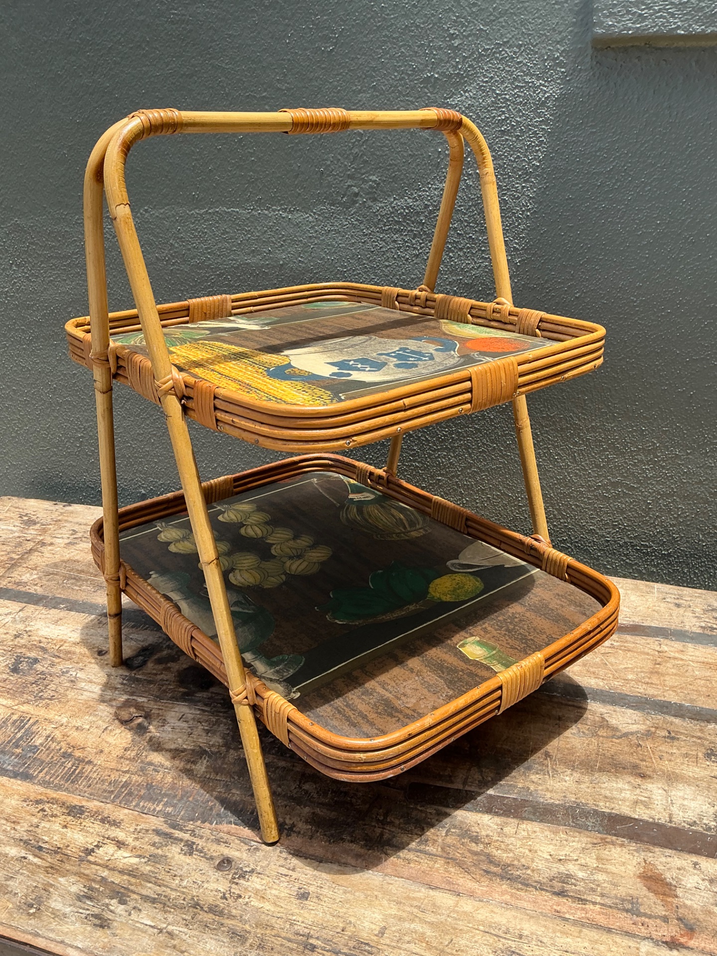 Vintage Rattan Two-Tiered Tray Stand - Detail view