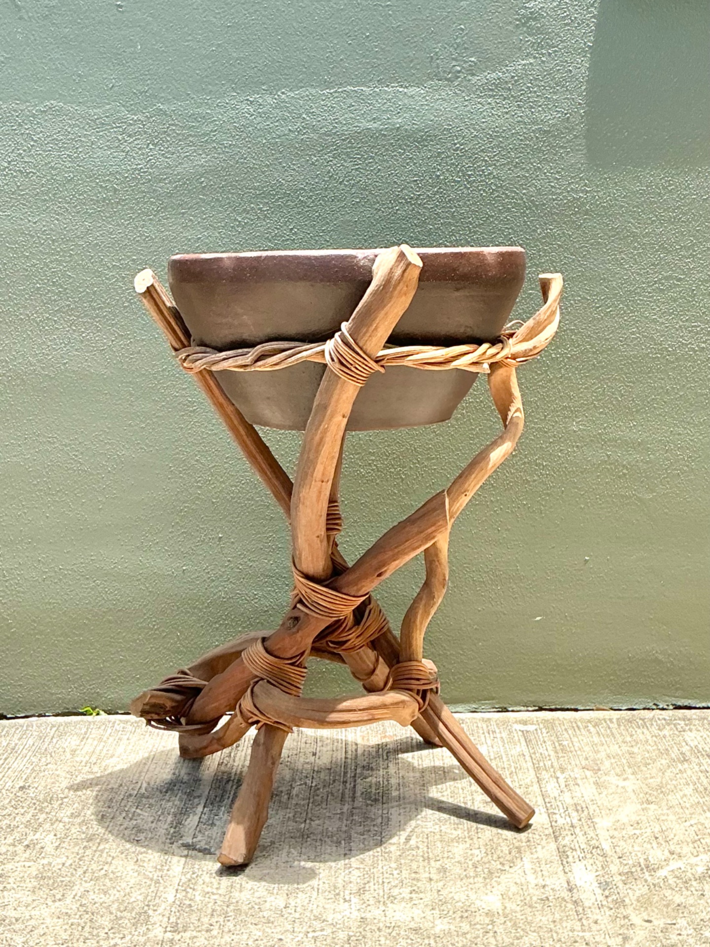 Vintage Twisted Wood and Pottery Plant Stand - Top view