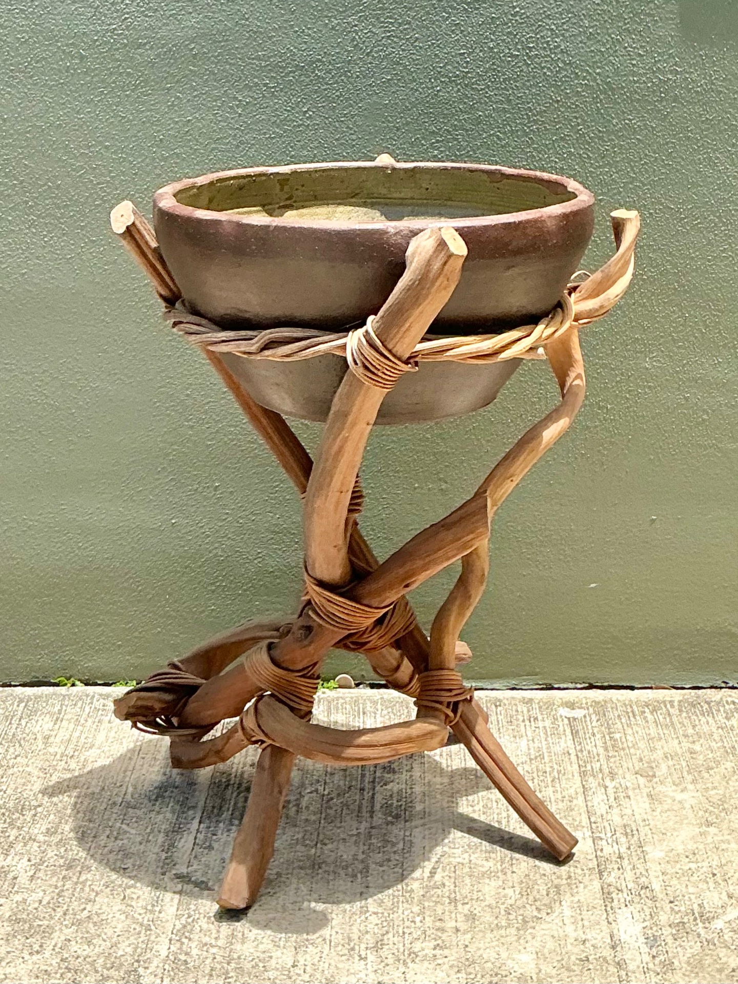Vintage Twisted Wood and Pottery Plant Stand - Side view