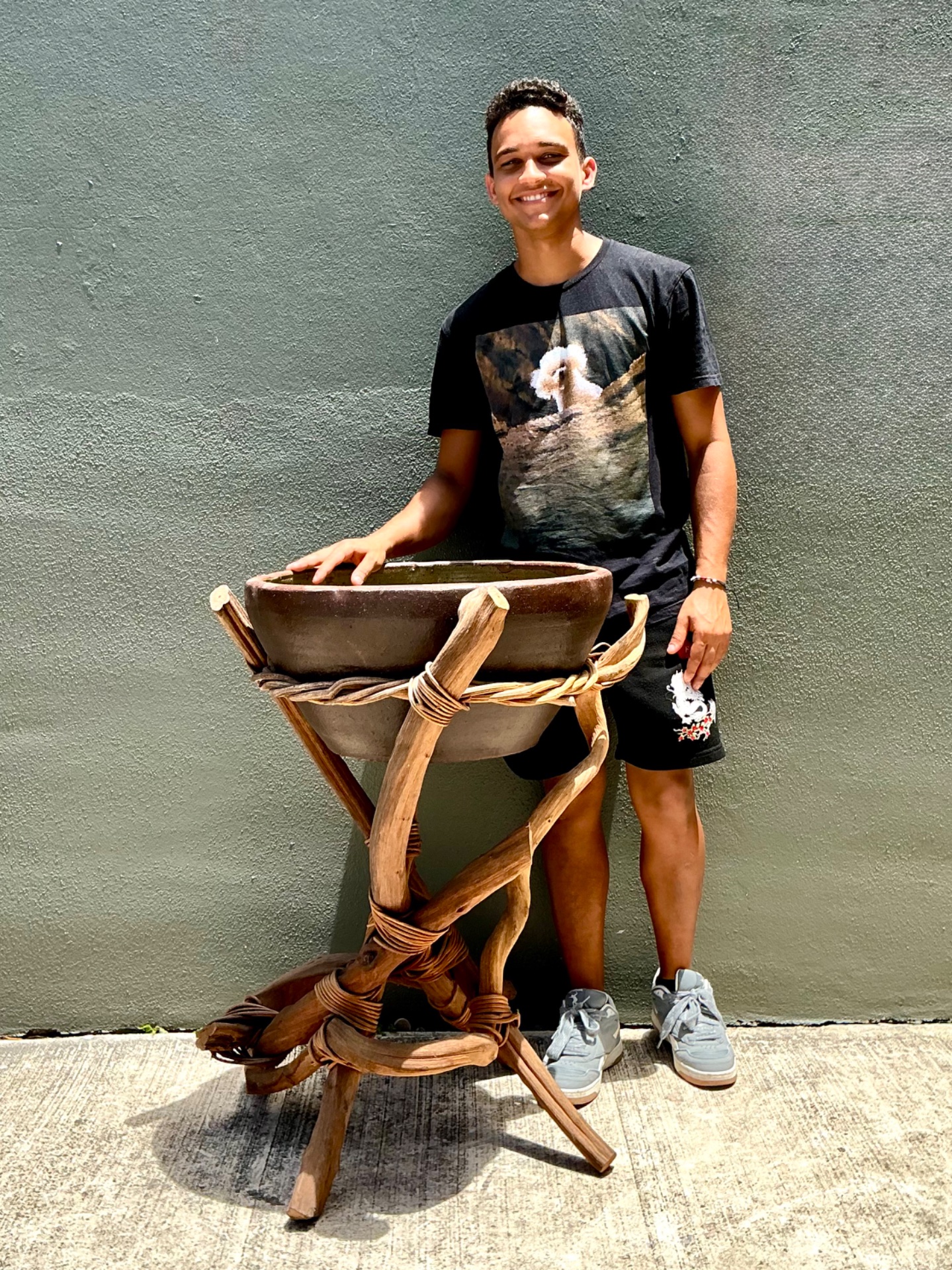 Vintage Twisted Wood and Pottery Plant Stand - Back view