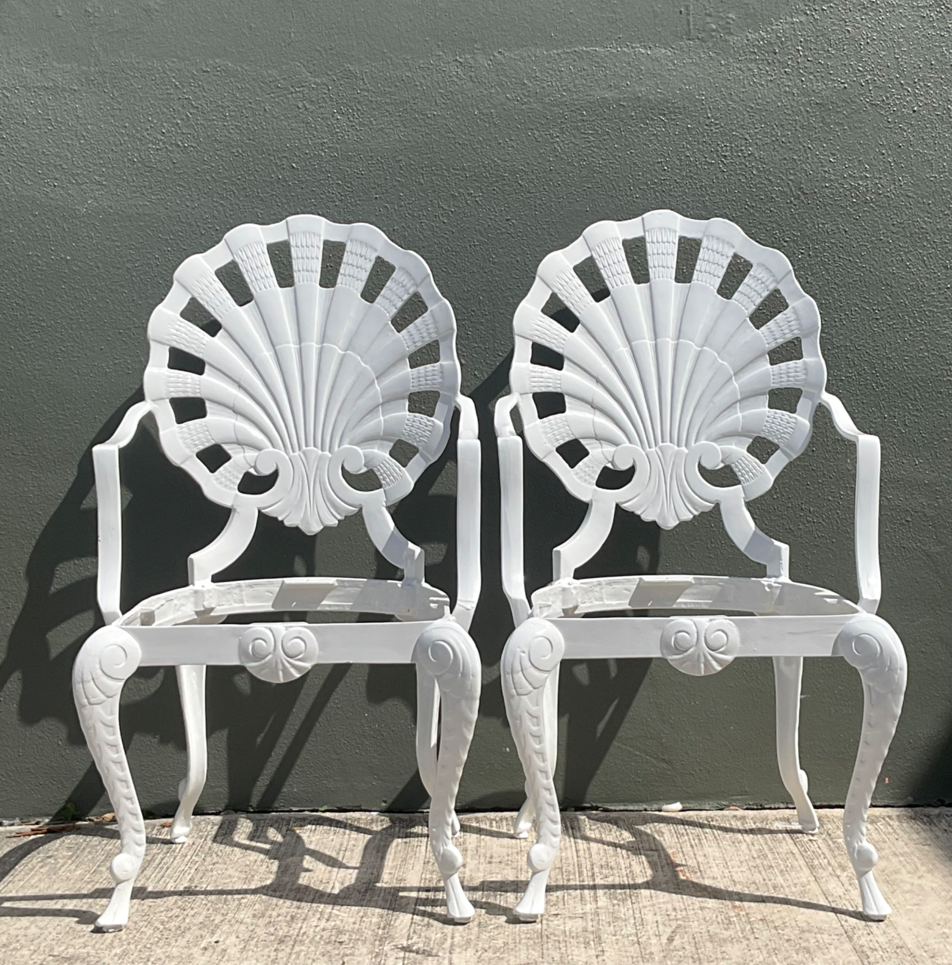 Vintage Cast Aluminum Shell Back Grotto Chairs - Pair - Back view