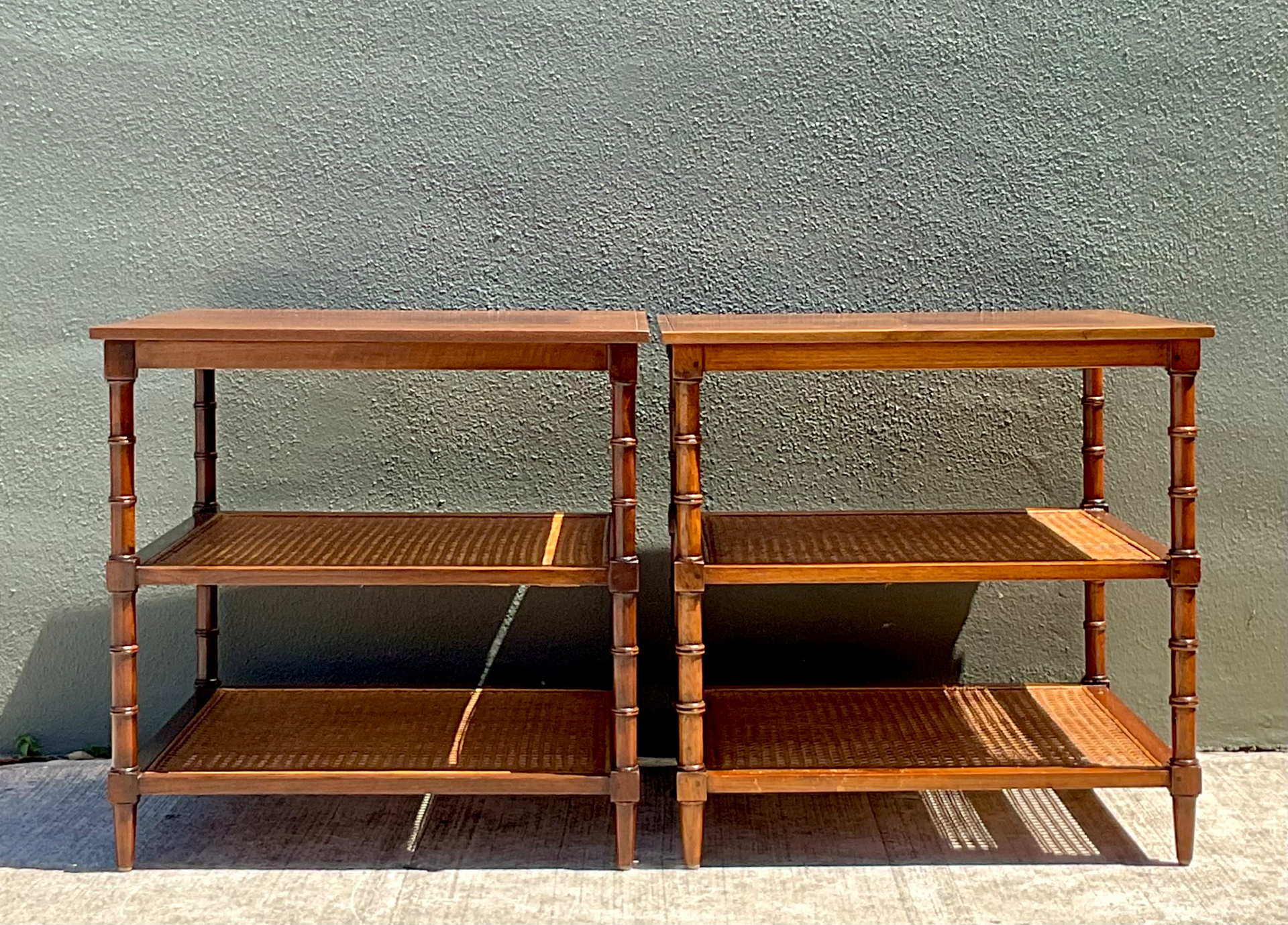 Vintage Wood and Cane Tiered Side Tables - Detail view