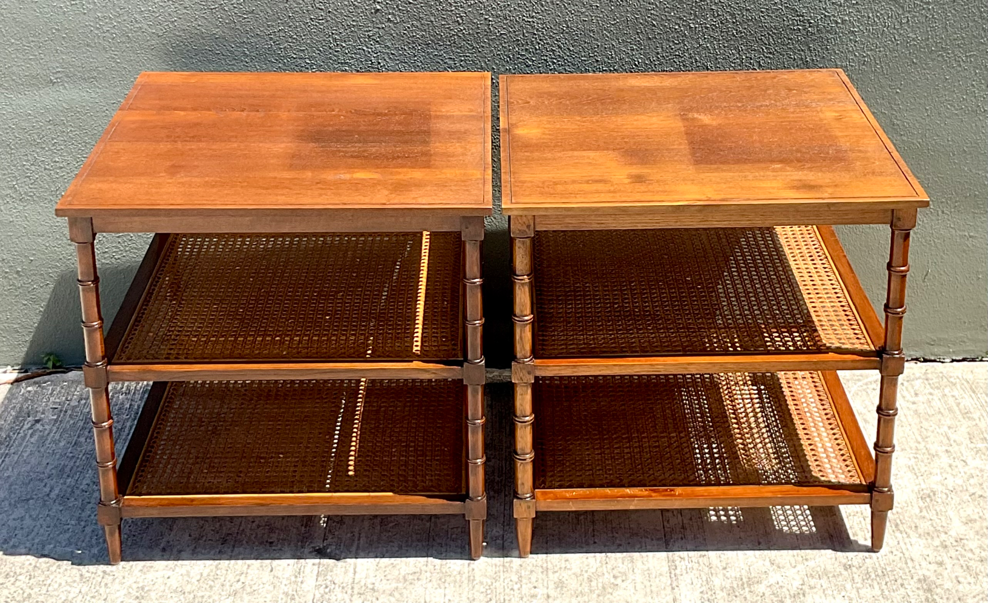 Vintage Wood and Cane Tiered Side Tables - Back view