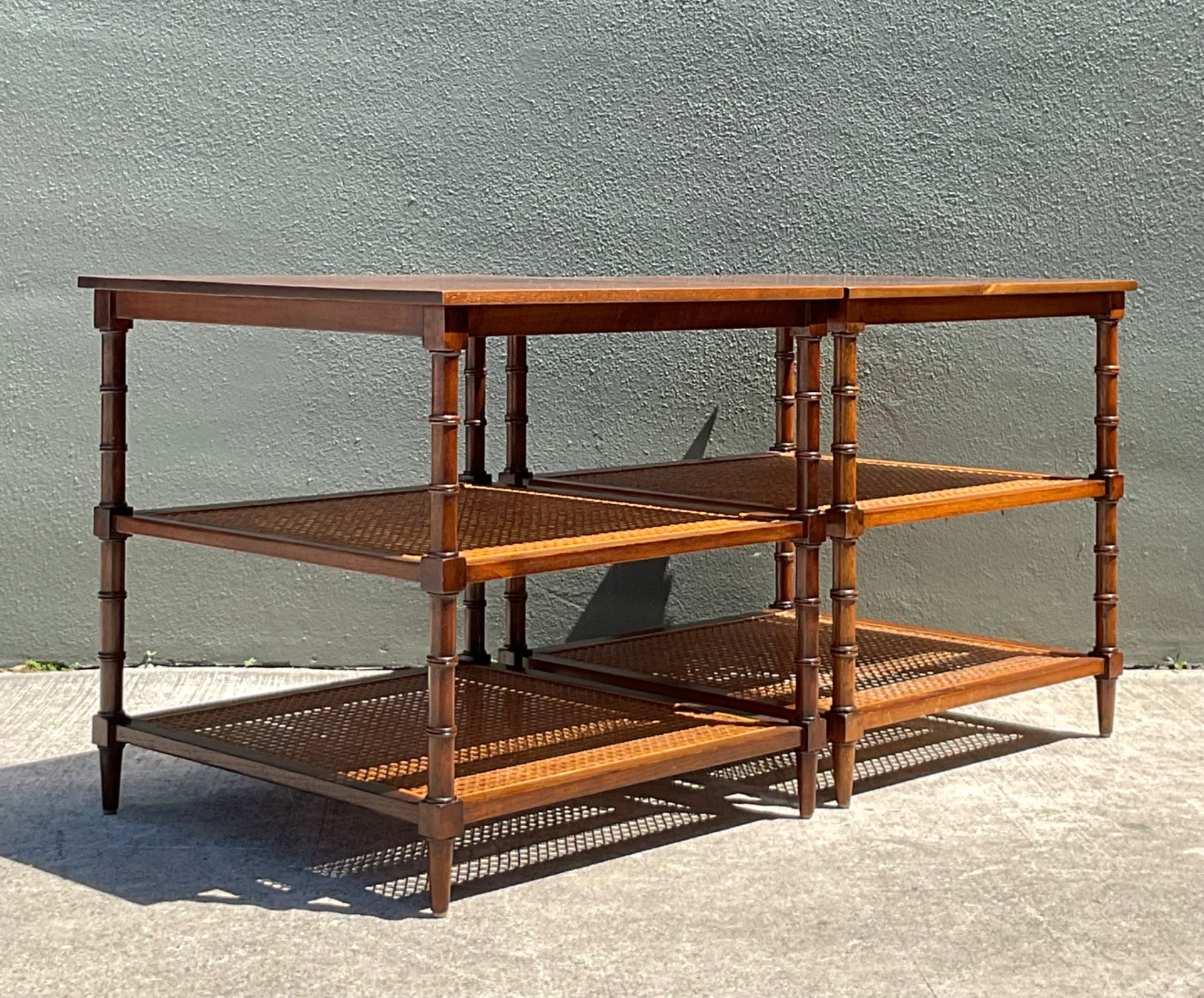 Vintage Wood and Cane Tiered Side Tables - Top view