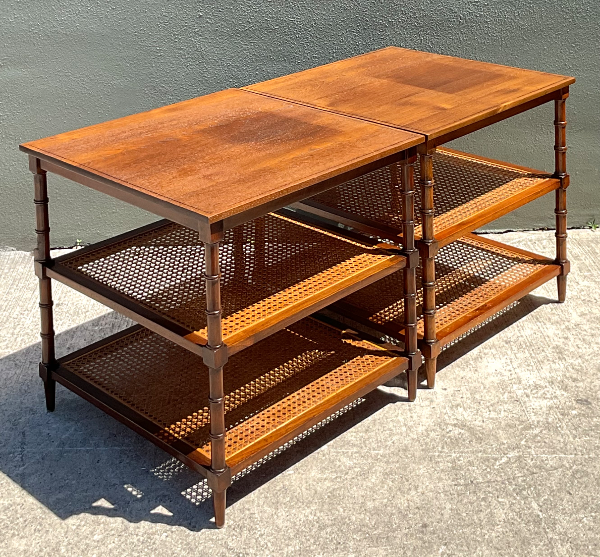Vintage Wood and Cane Tiered Side Tables - Side view