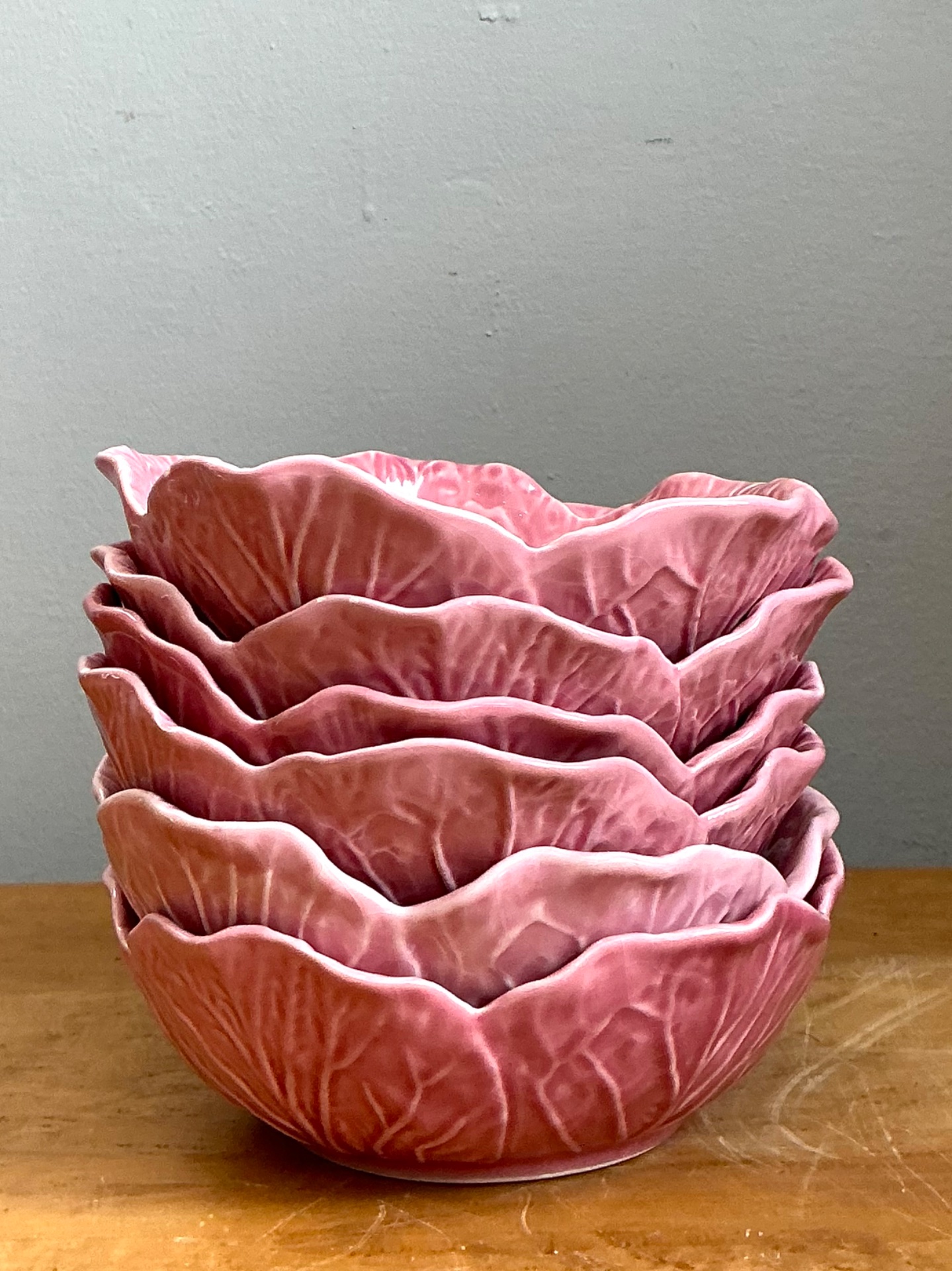 Vintage Bordallo Pinheiro Pink Cabbage Leaf Ceramic Bowls - Set of 6 - Side view