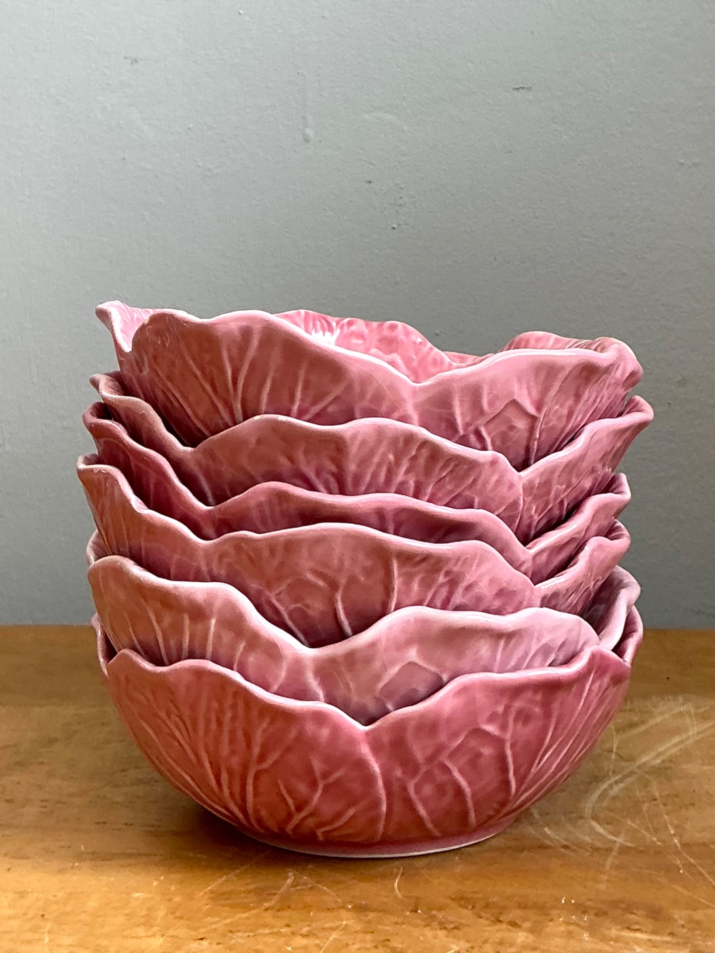 Vintage Bordallo Pinheiro Pink Cabbage Leaf Ceramic Bowls - Set of 6 - Top view