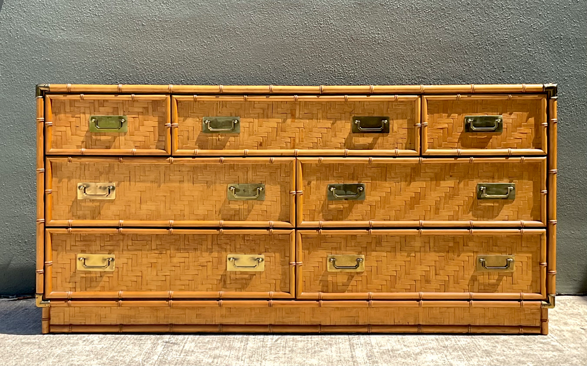 Vintage Dixie Parquet Rattan Six-Drawer Dresser - Side view