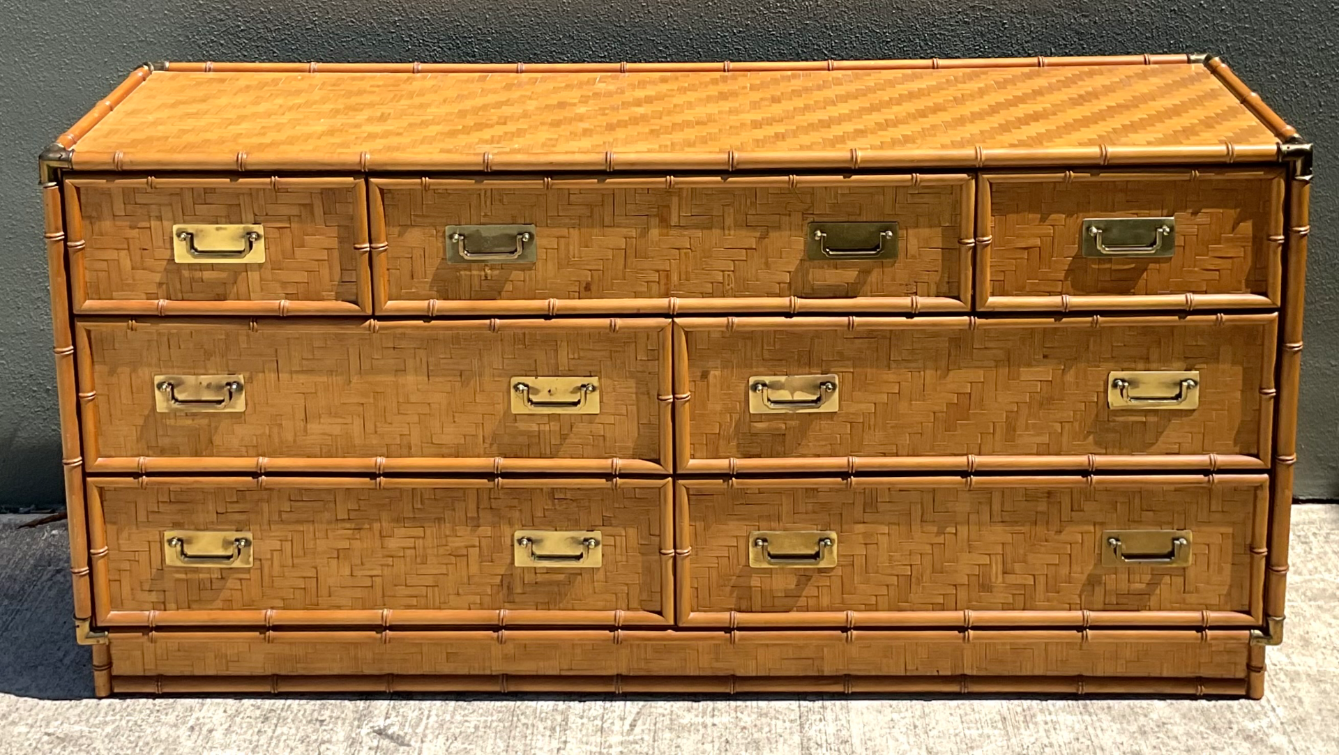 Vintage Dixie Parquet Rattan Six-Drawer Dresser - Top view