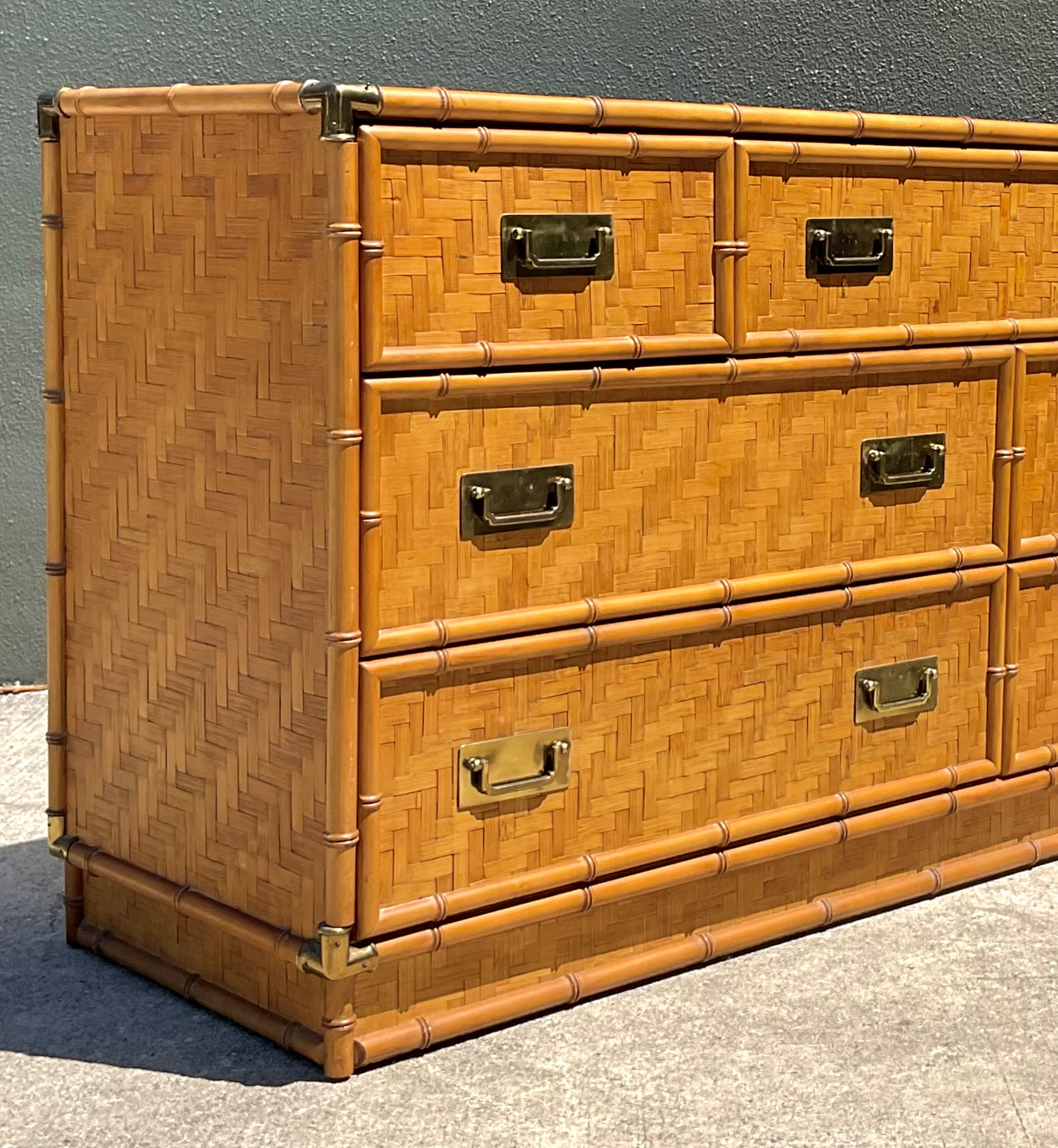Vintage Dixie Parquet Rattan Six-Drawer Dresser - Detail view