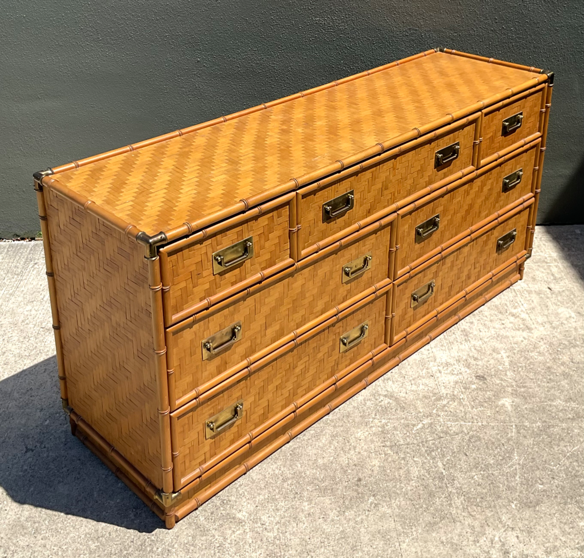 Vintage Dixie Parquet Rattan Six-Drawer Dresser - Back view