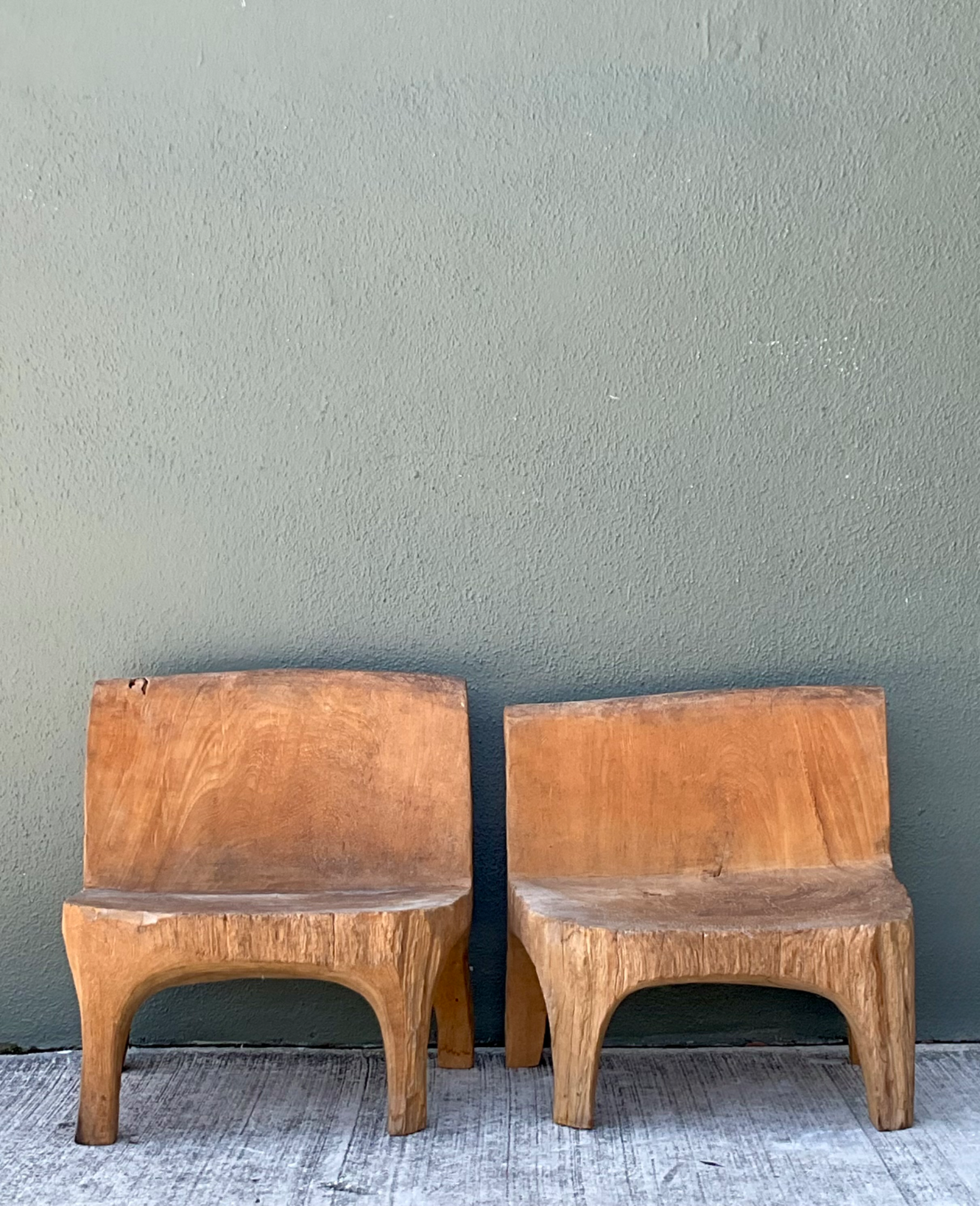 Vintage Carved Wood Low Stools  - Pair - Detail view