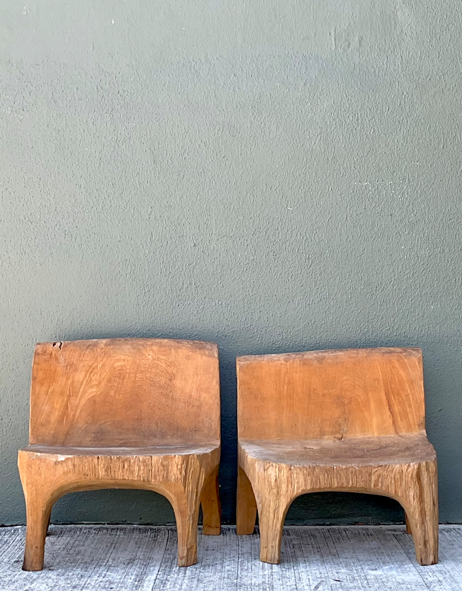 Vintage Carved Wood Low Stools  - Pair - Top view
