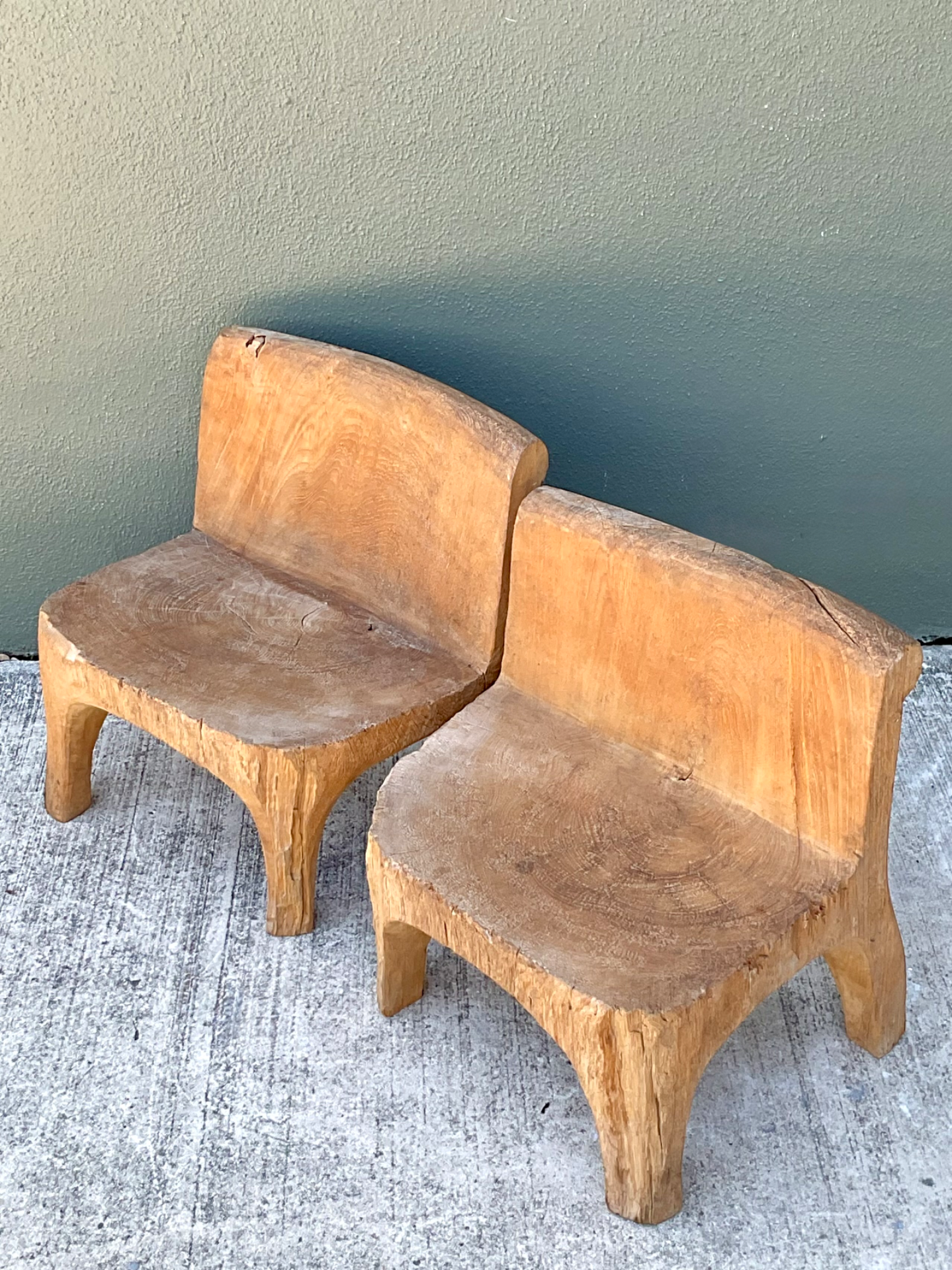Vintage Carved Wood Low Stools  - Pair - Side view