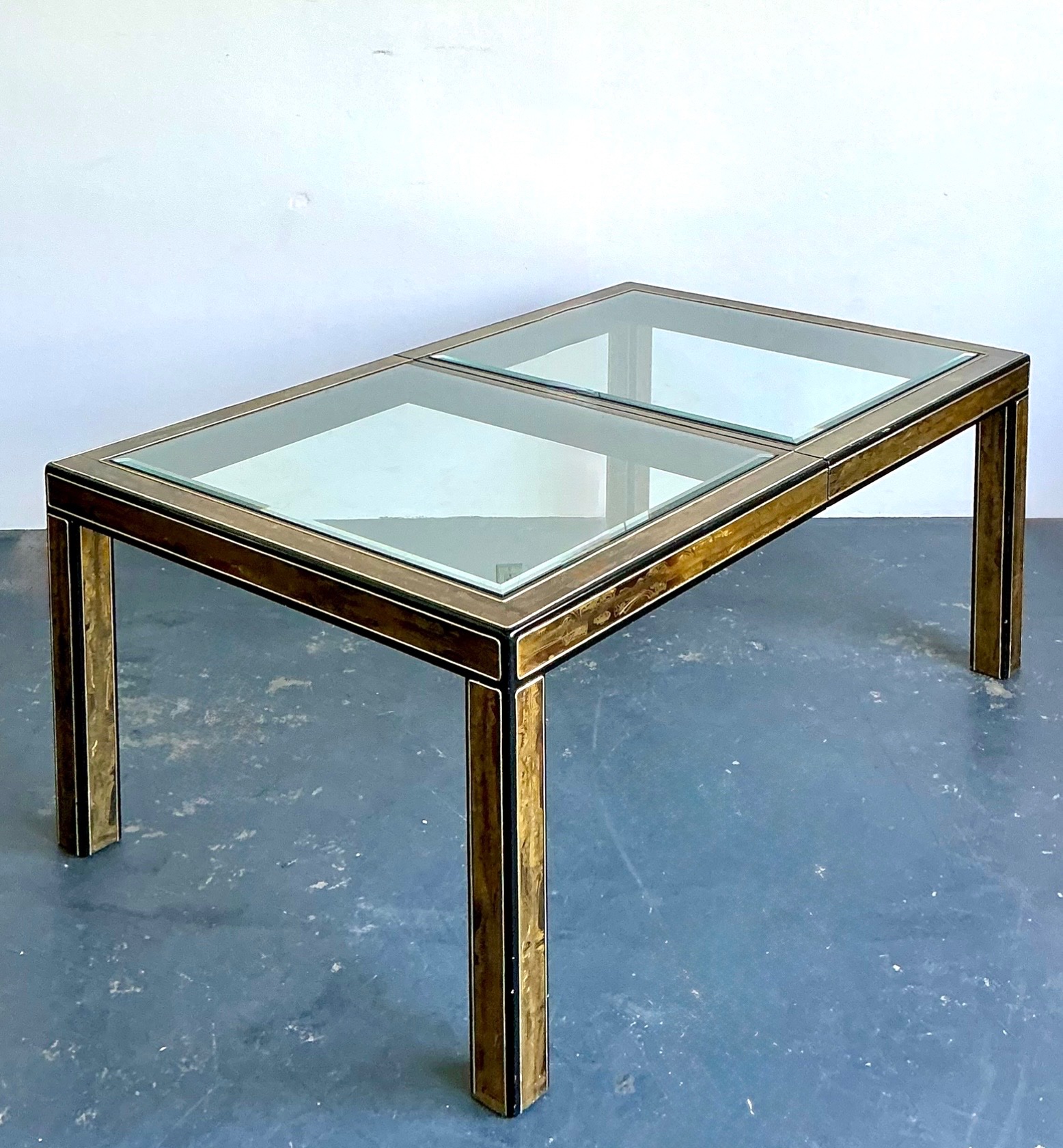 Vintage Acid Etched Brass and Glass Dining Table After Bernard Rohne - Top view