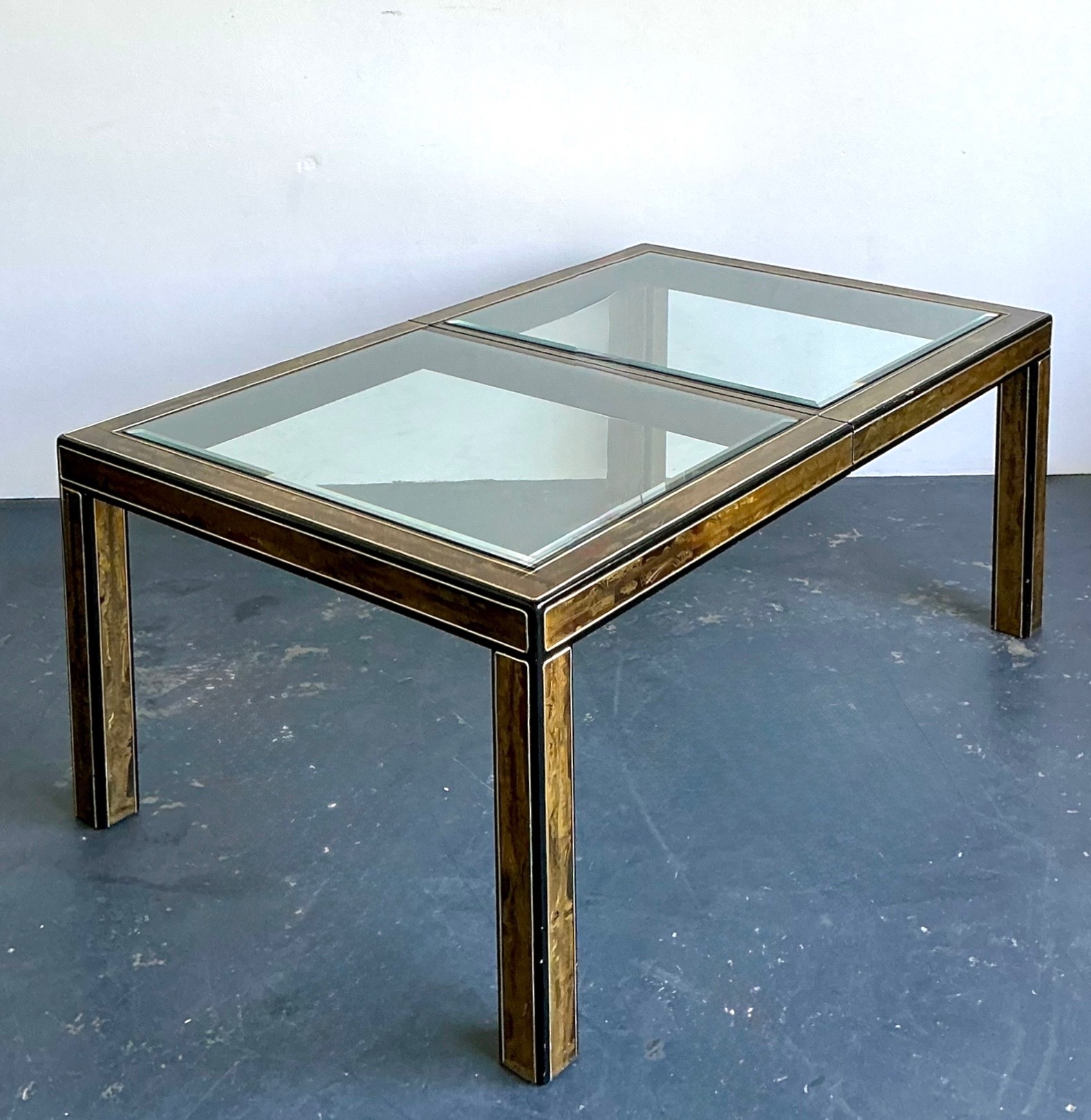 Vintage Acid Etched Brass and Glass Dining Table After Bernard Rohne - Detail view