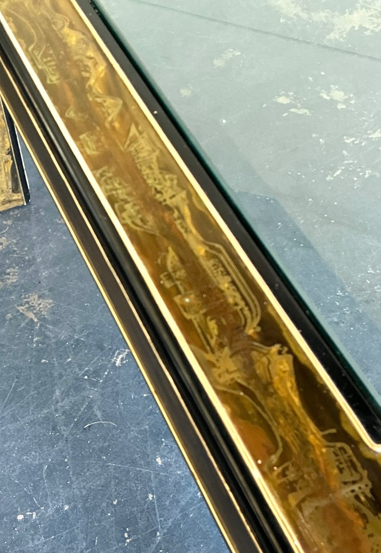 Vintage Acid Etched Brass and Glass Dining Table After Bernard Rohne - Side view