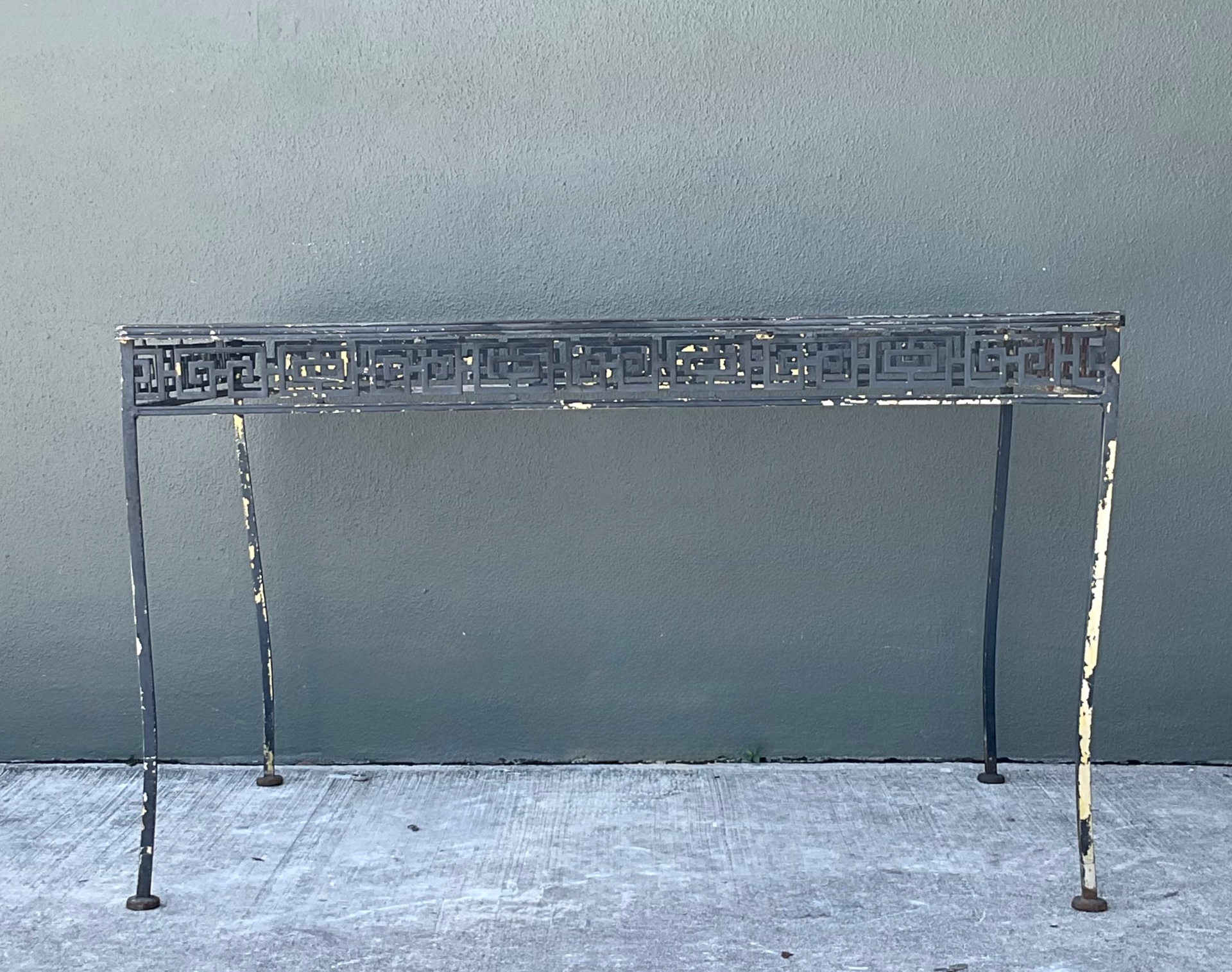 Vintage Meadowcraft Greek Key Metal and Glass Patio Table - Back view