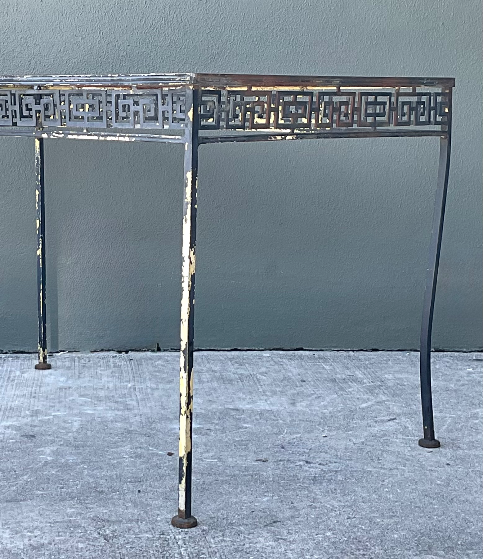 Vintage Meadowcraft Greek Key Metal and Glass Patio Table - Top view