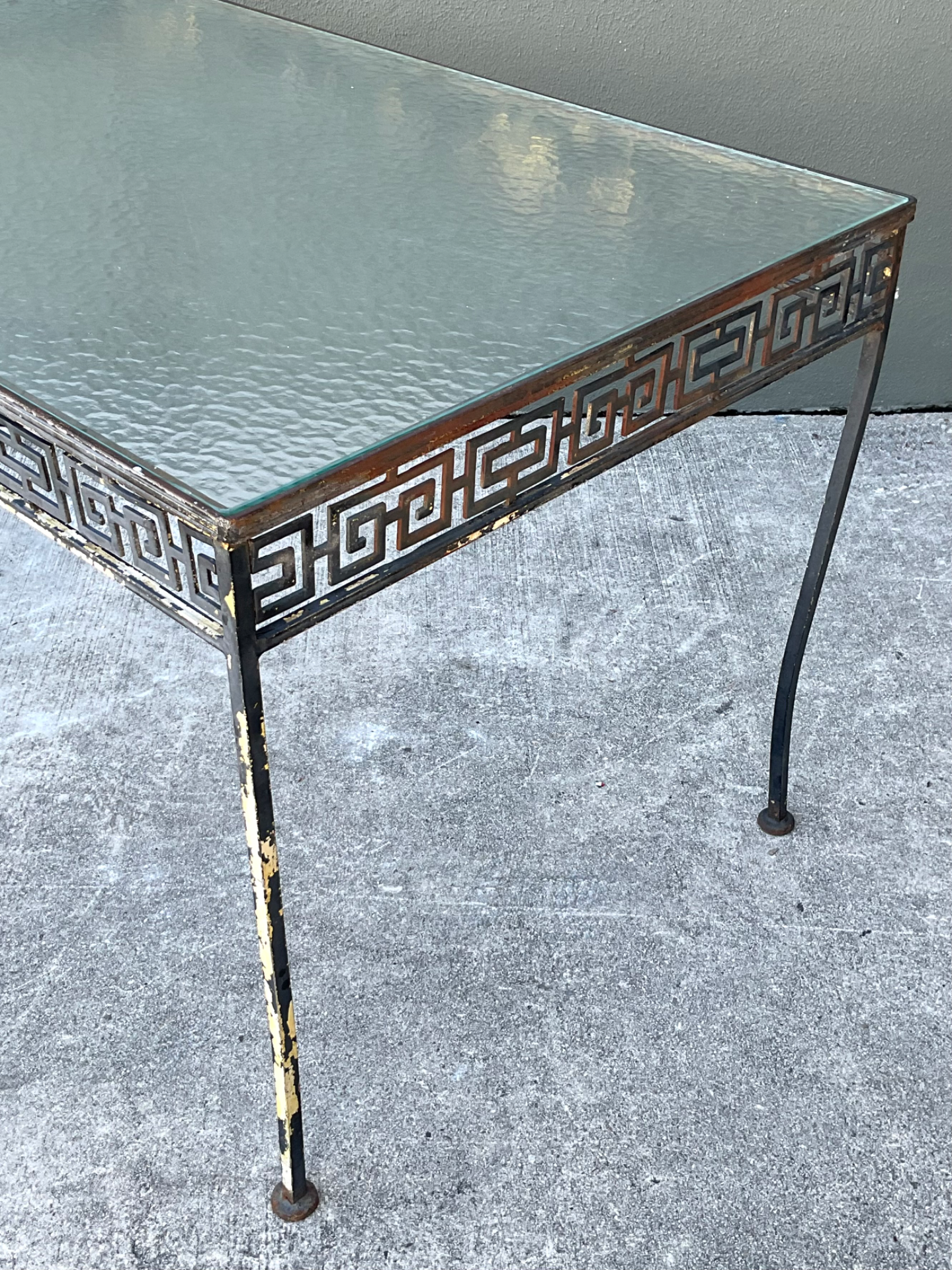 Vintage Meadowcraft Greek Key Metal and Glass Patio Table - Side view