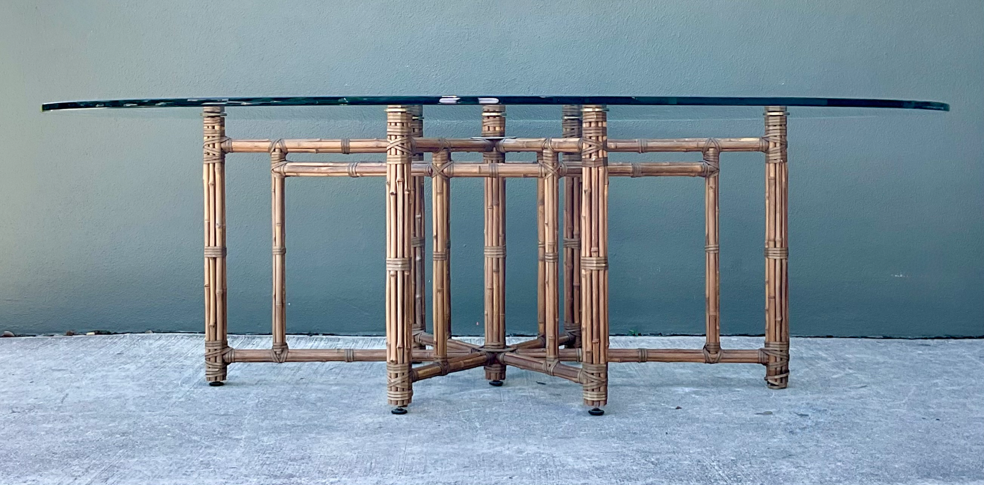 McGuire Rattan and Glass Oval Dining Table - Detail view
