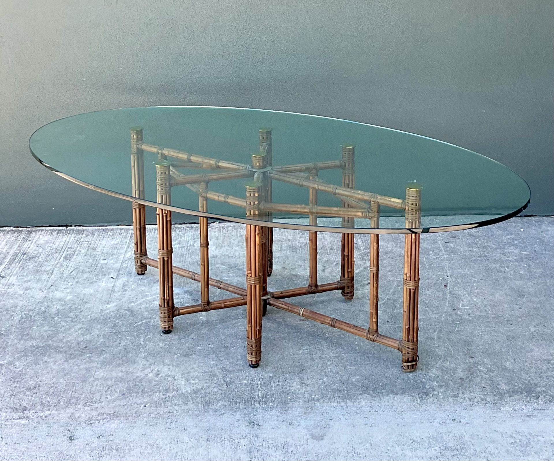 McGuire Rattan and Glass Oval Dining Table - Top view