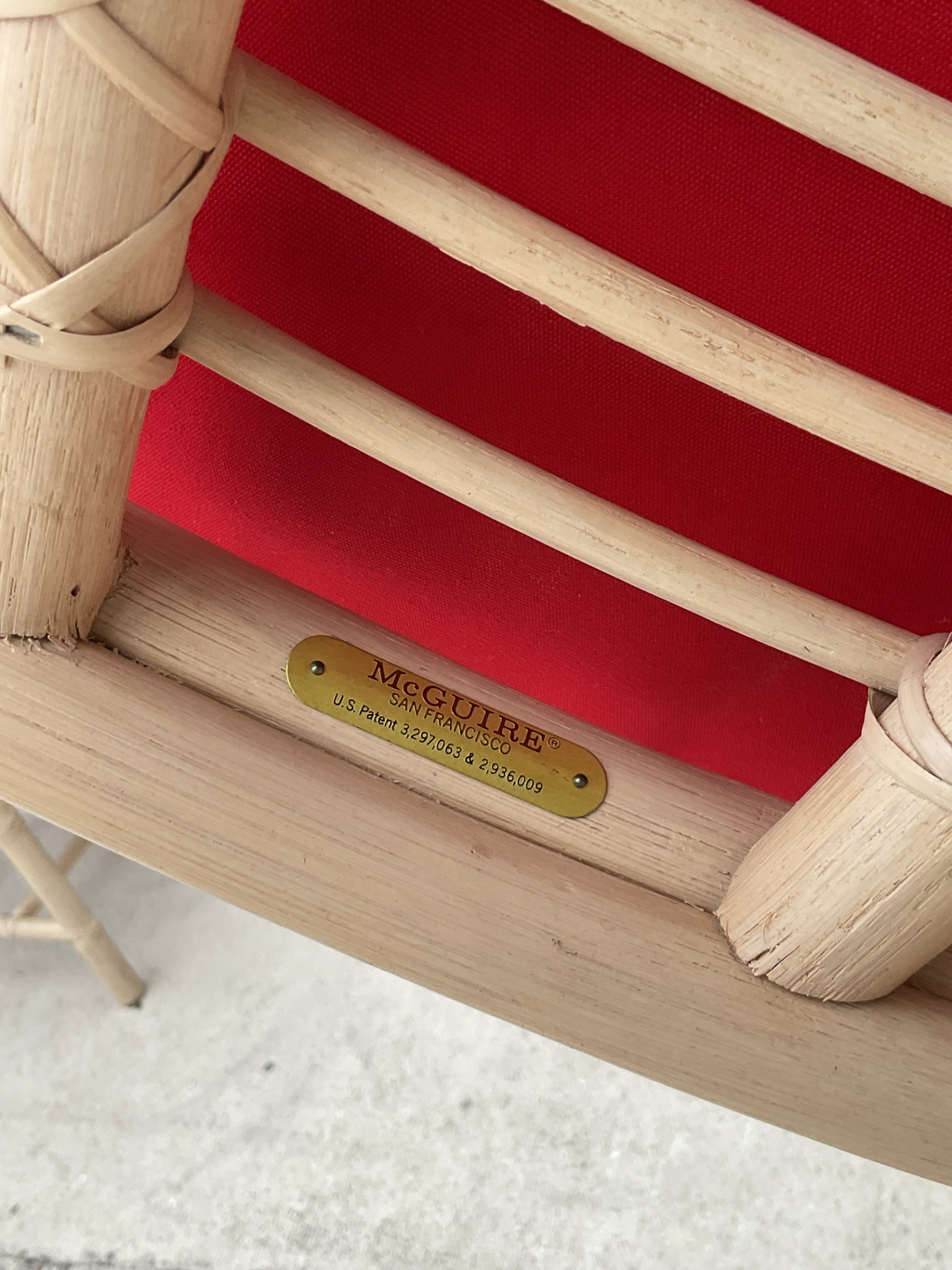 Vintage McGuire Red Upholstered Rattan Desk Chair - Back view