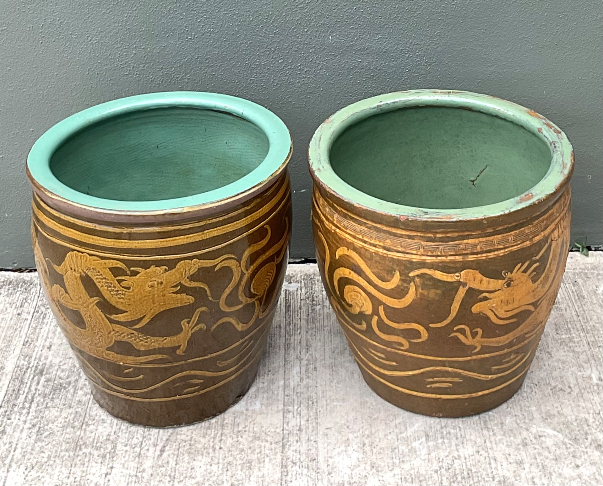 Vintage Chinese Dragon Motif Ceramic Planters - Pair - Top view