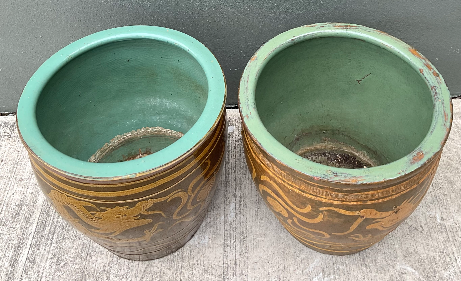 Vintage Chinese Dragon Motif Ceramic Planters - Pair - Side view