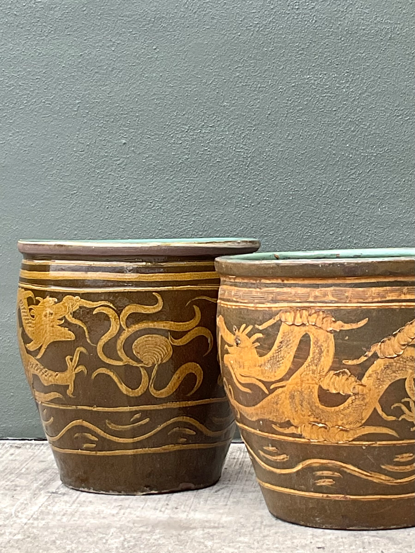 Vintage Chinese Dragon Motif Ceramic Planters - Pair - Detail view