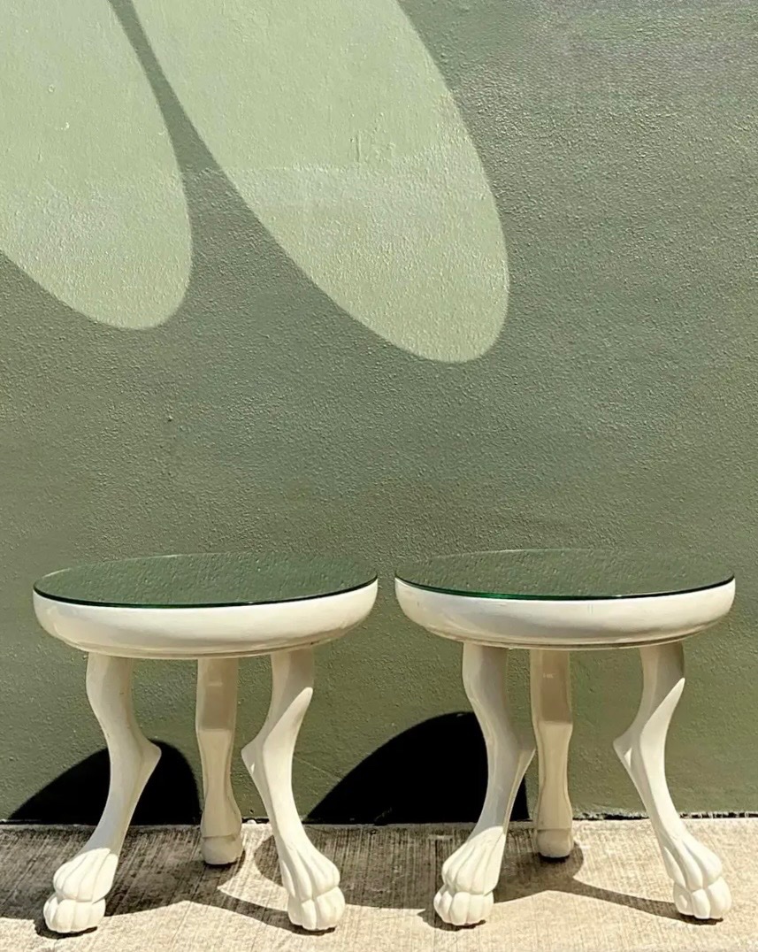 Vintage White Lacquer Paw Foot Tables After John Dickinson - A Pair - Top view