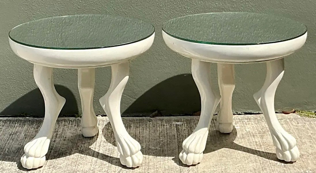 Vintage White Lacquer Paw Foot Tables After John Dickinson - A Pair - Side view