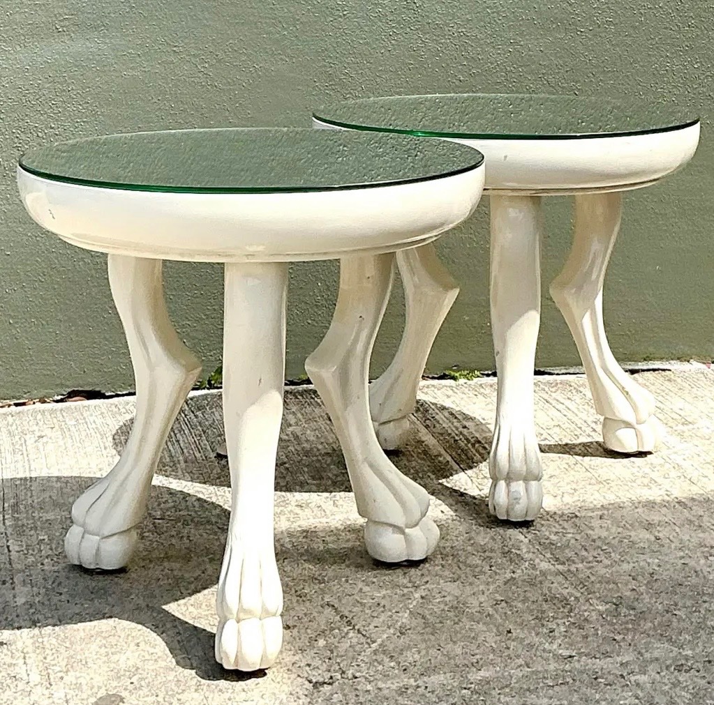 Vintage White Lacquer Paw Foot Tables After John Dickinson - A Pair - Back view