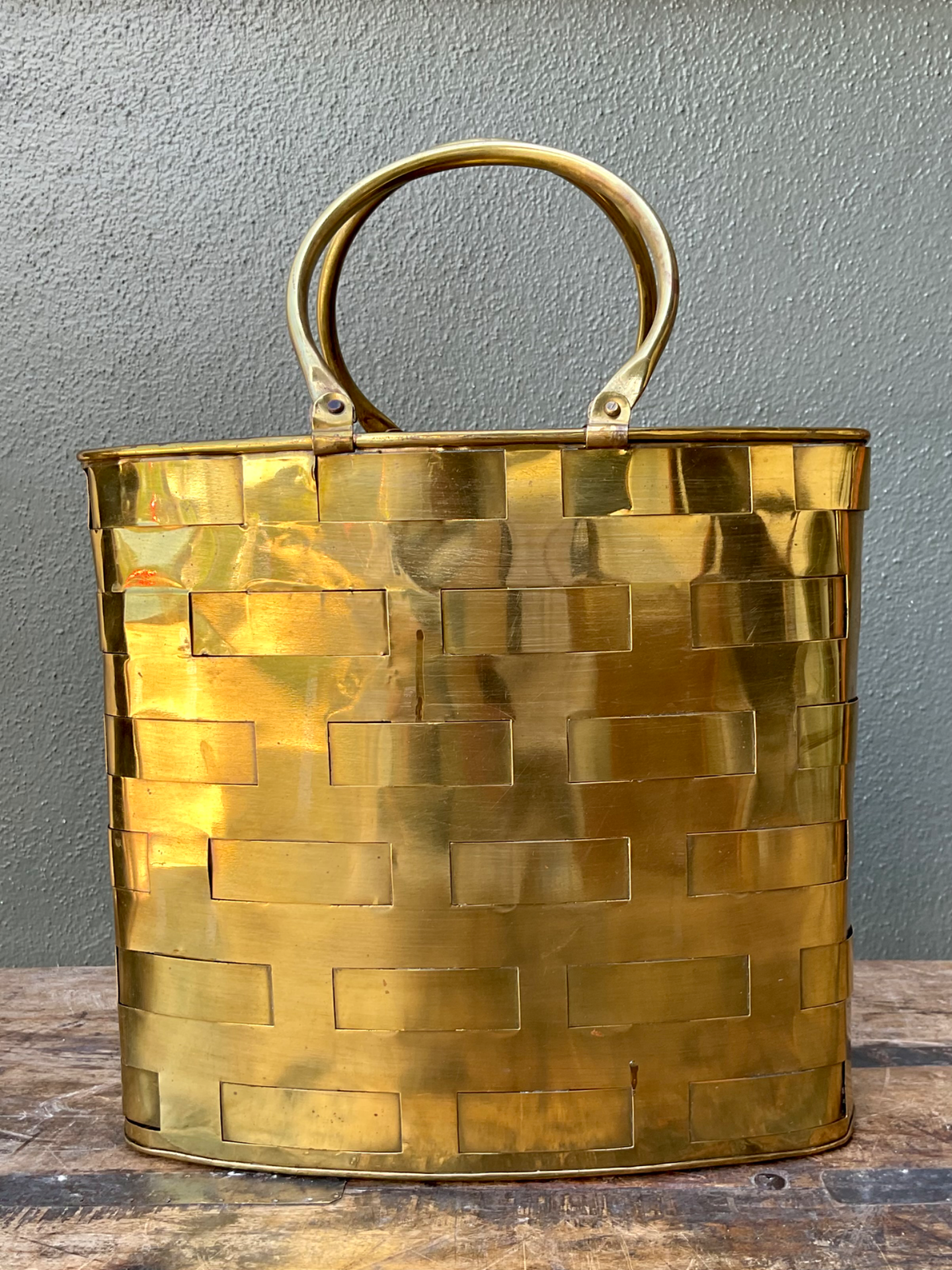 Vintage Brass Woven Basket - Back view