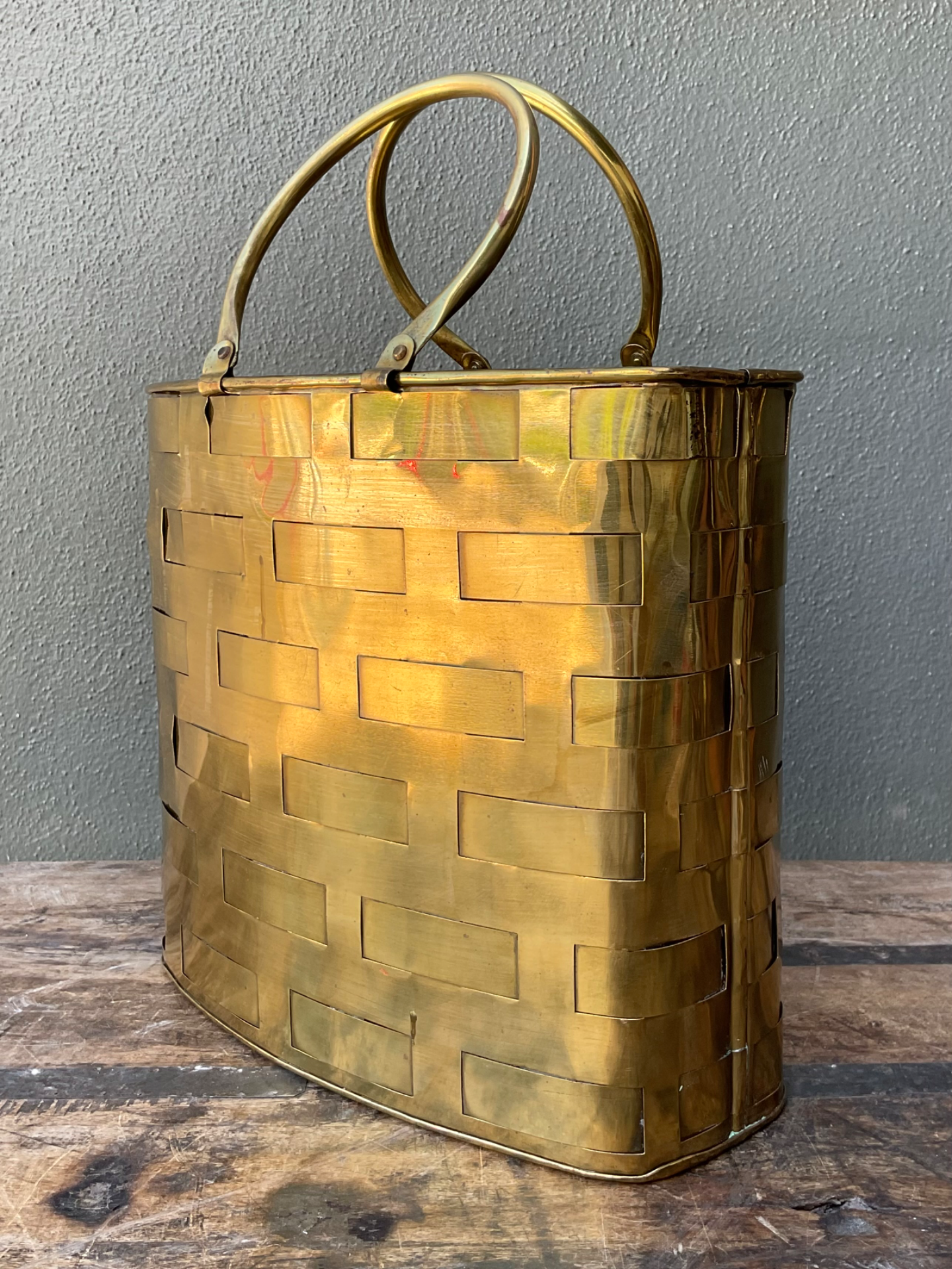 Vintage Brass Woven Basket - Side view