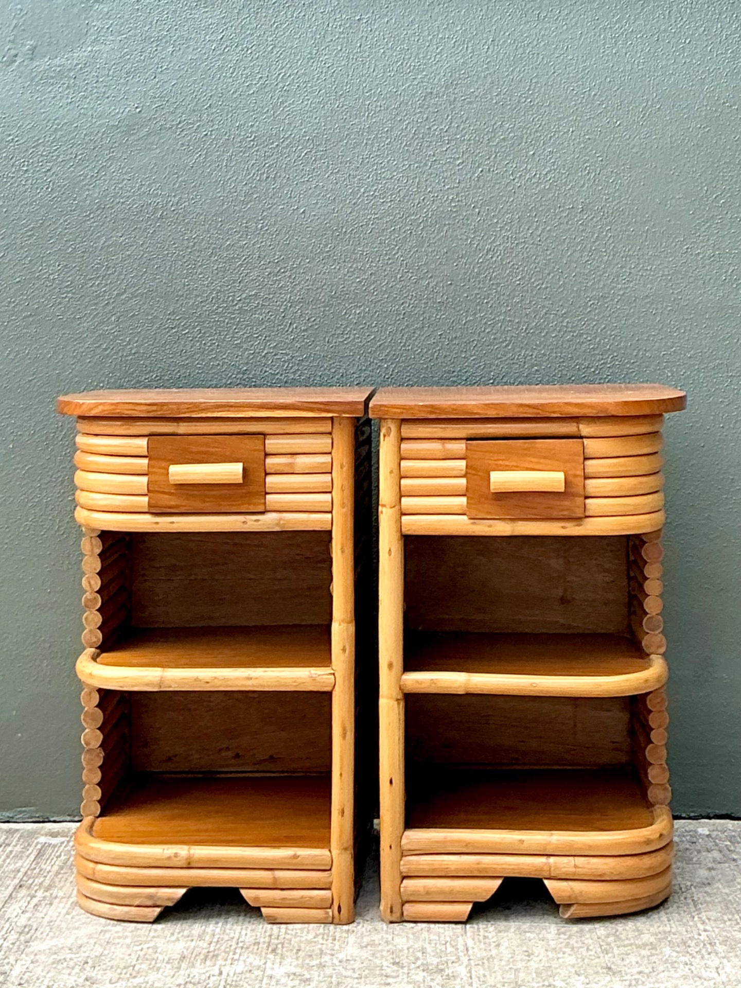 Vintage Stacked Rattan Nightstands After Frankl - Detail view