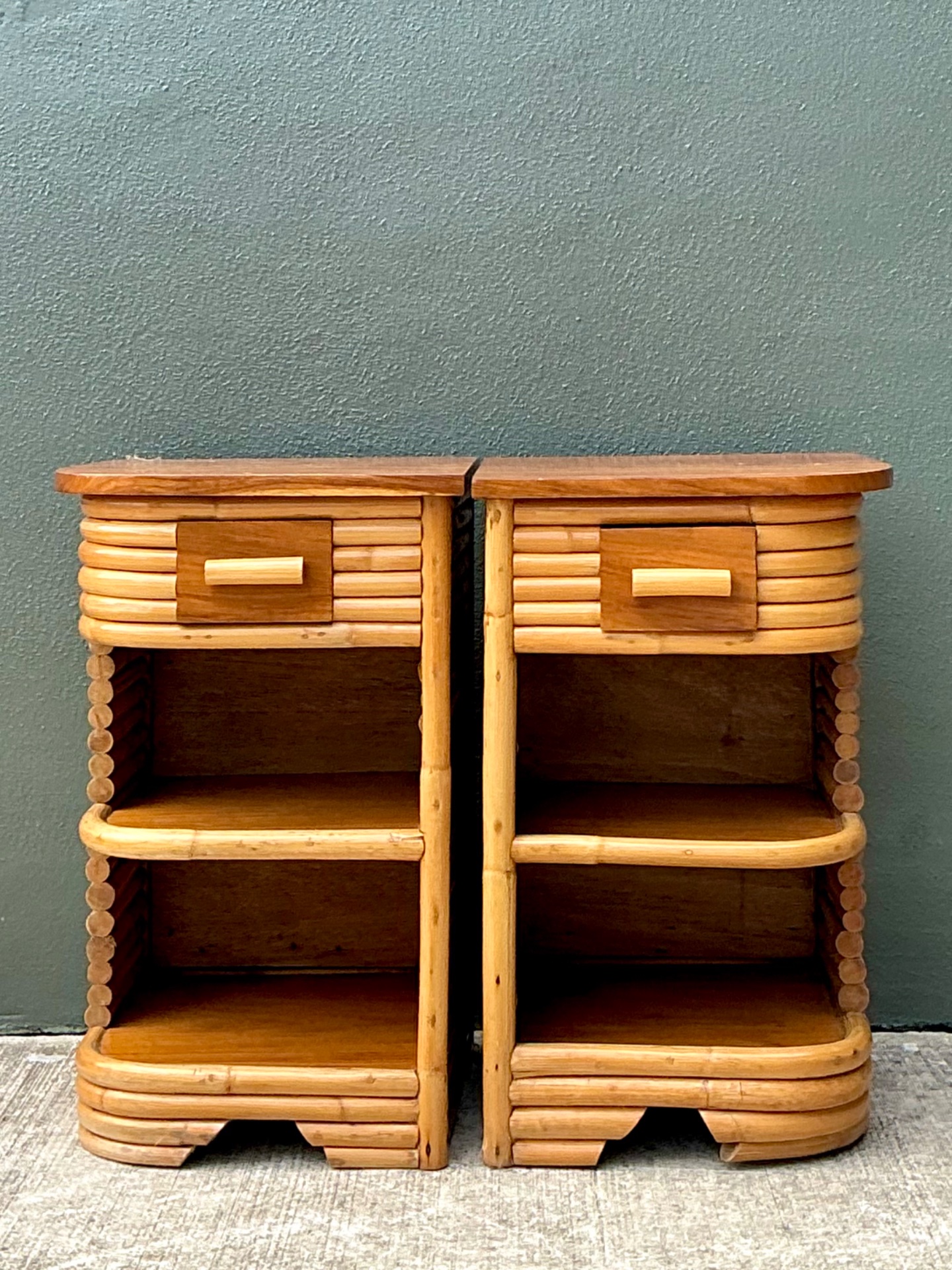 Vintage Stacked Rattan Nightstands After Frankl - Back view