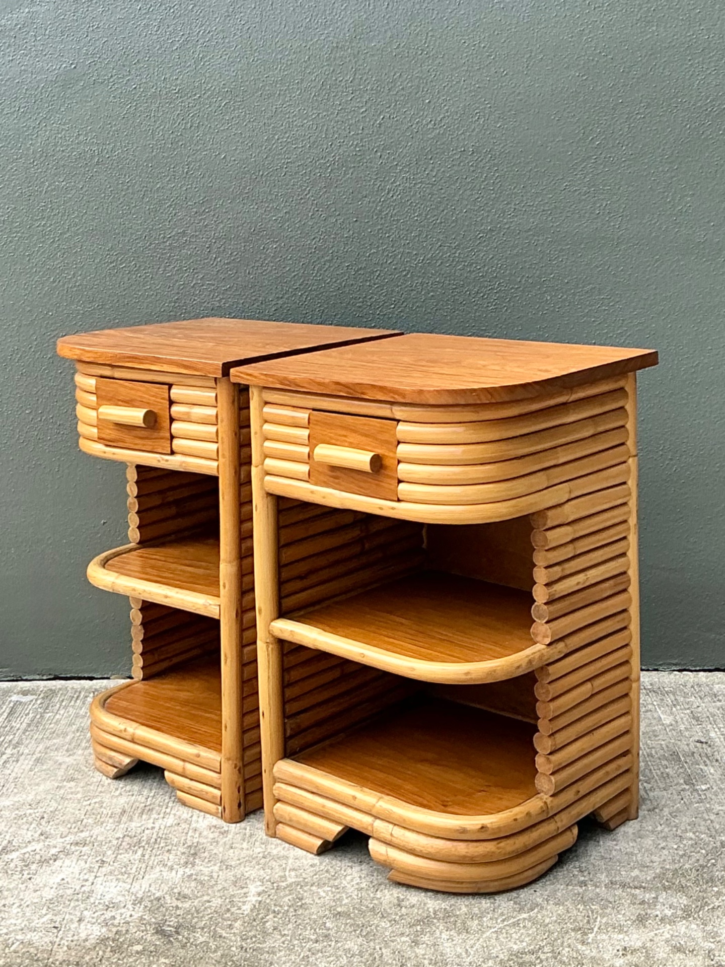 Vintage Stacked Rattan Nightstands After Frankl - Side view