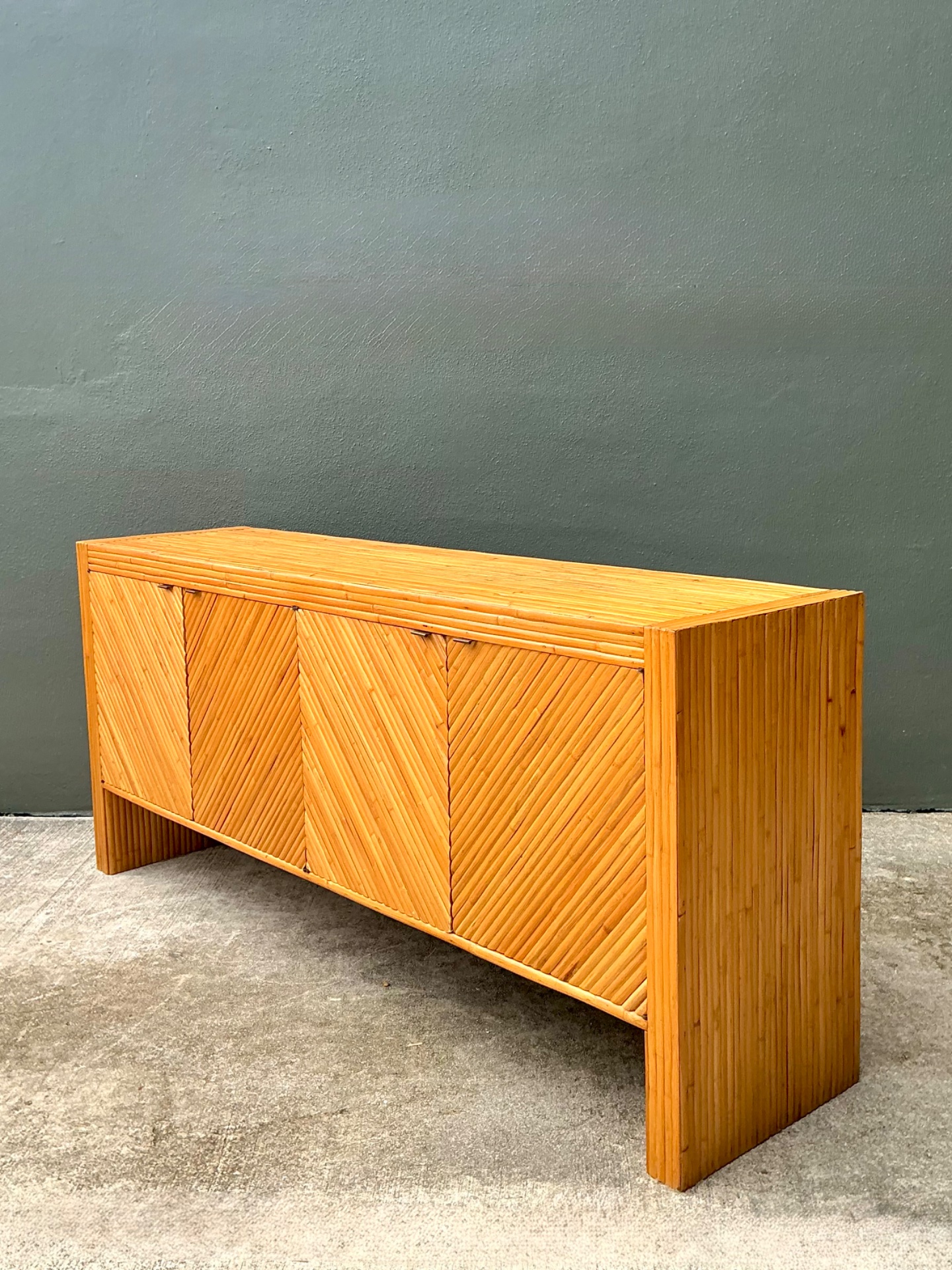 Vintage 1970s Chevron Rattan Credenza - Side view
