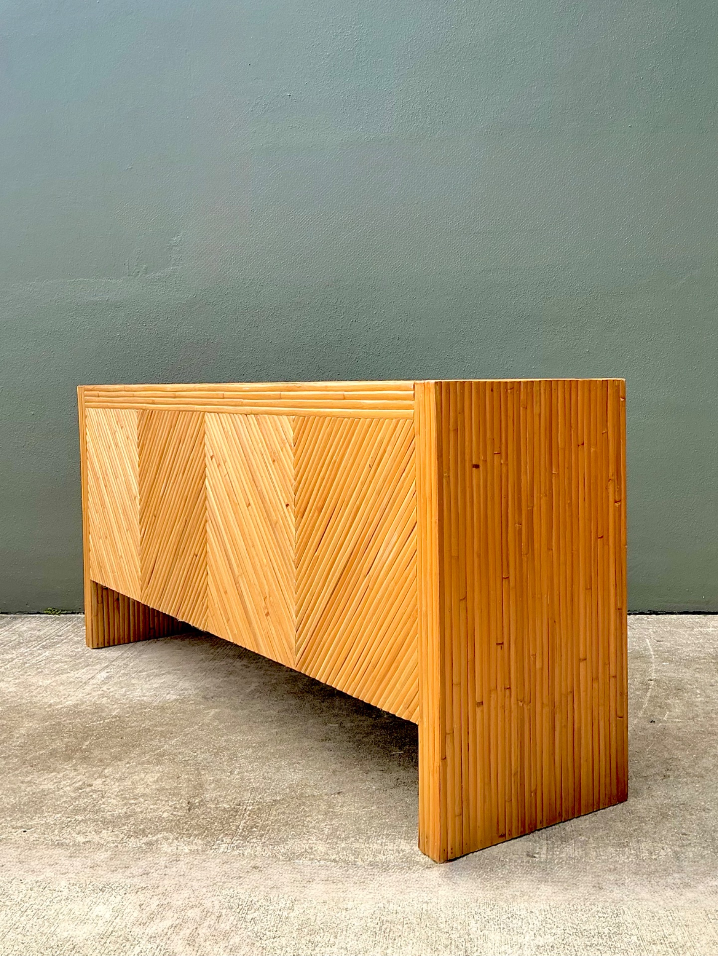 Vintage 1970s Chevron Rattan Credenza - Back view