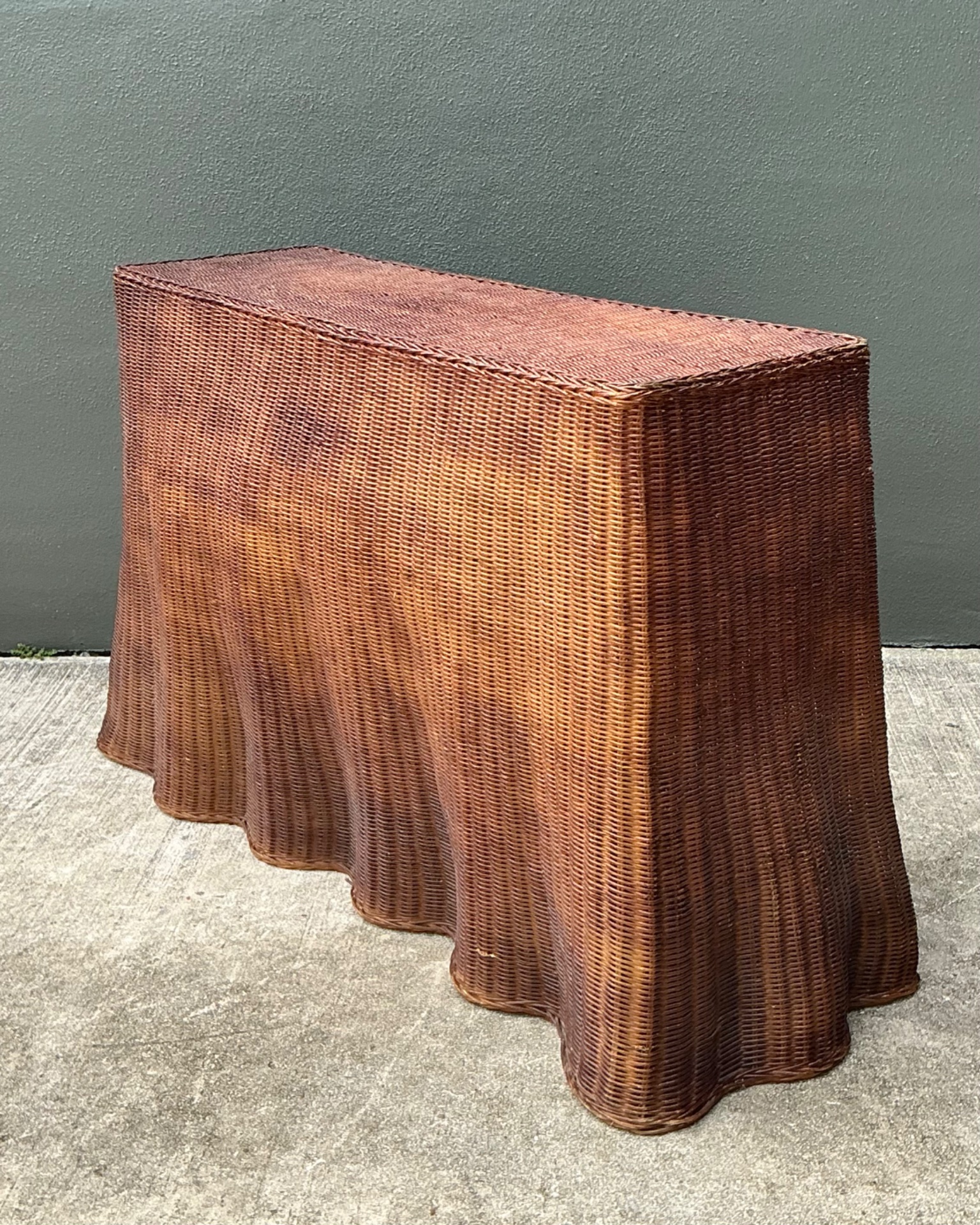Vintage Woven Rattan Ghost Console Table - Side view