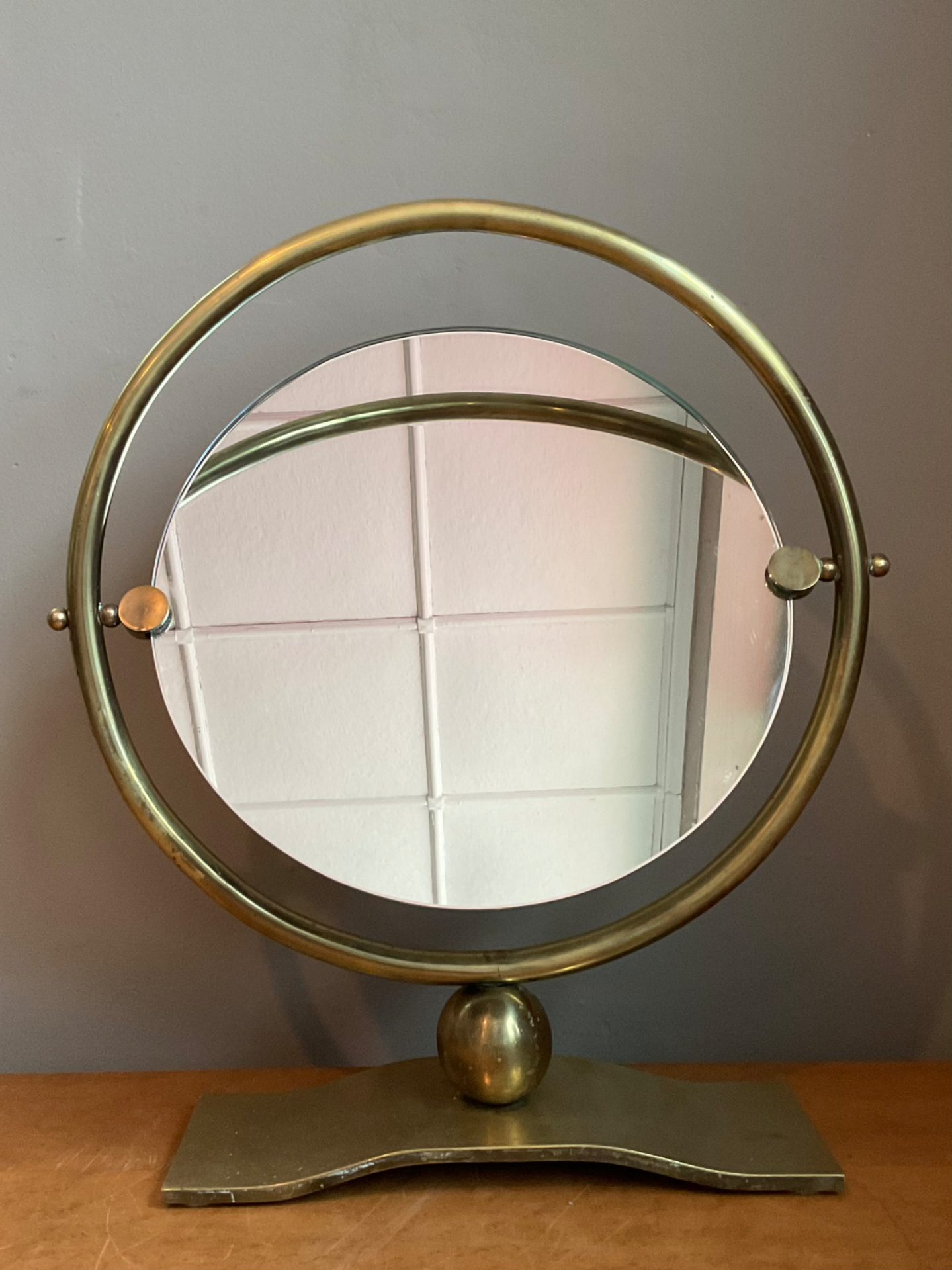 Vintage Brass Round Vanity Mirror - Back view