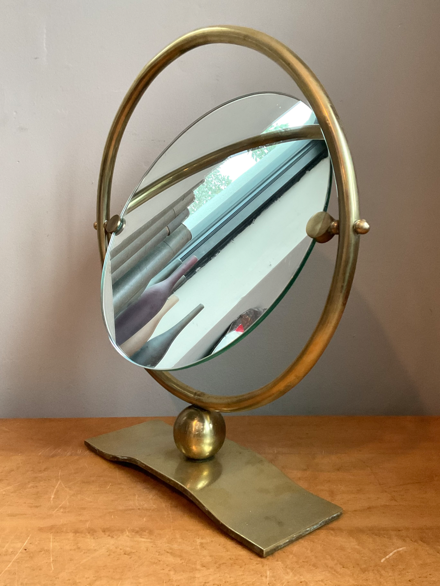 Vintage Brass Round Vanity Mirror - Detail view