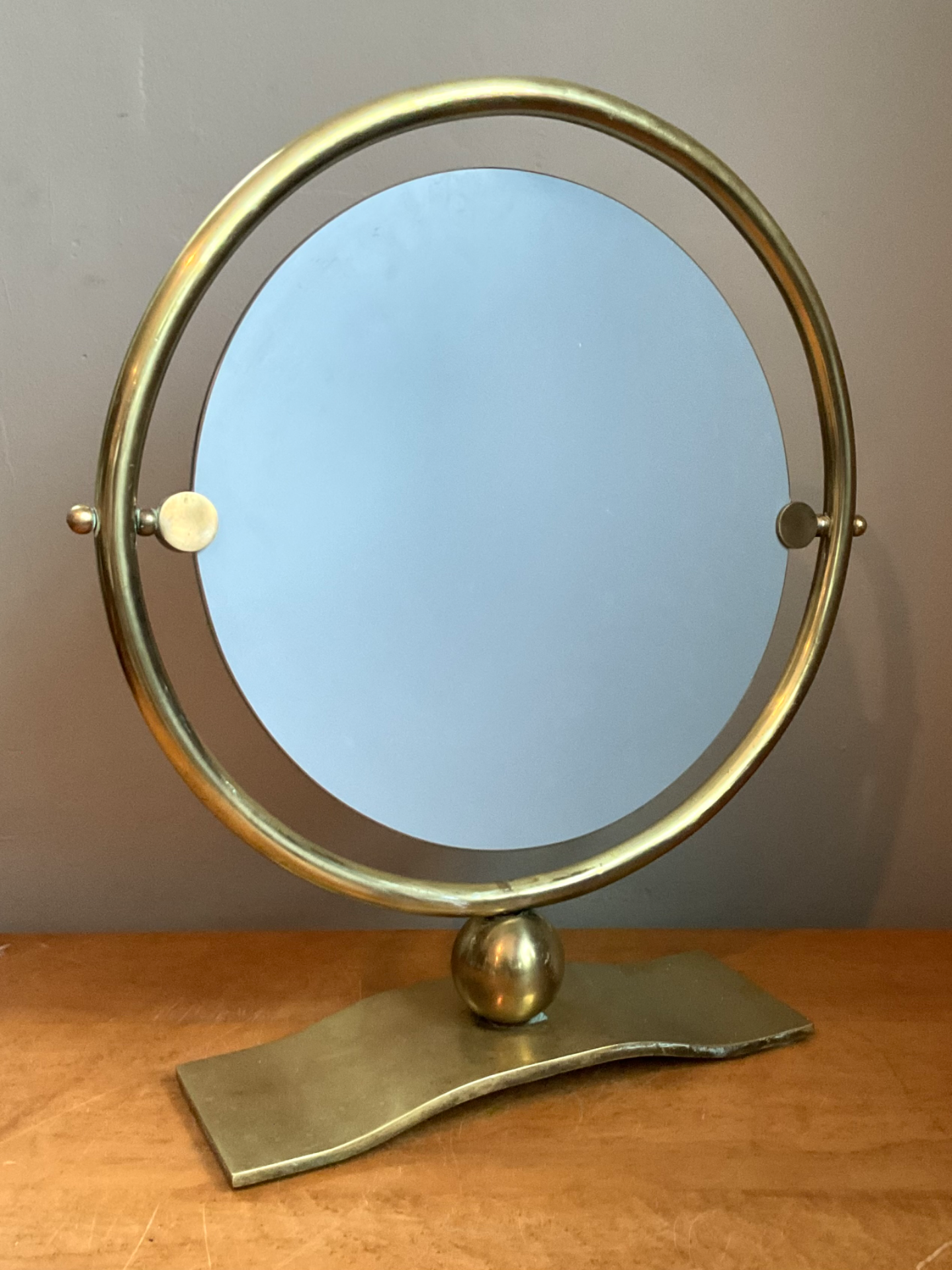 Vintage Brass Round Vanity Mirror - Side view