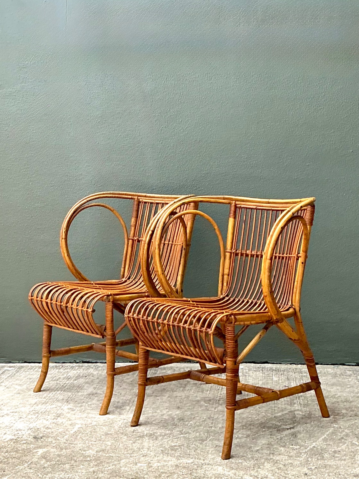Vintage 1940s Danish Tove Kindt Larsen For Robert Wengler Stick Rattan Lounge Chairs - A Pair - Side view