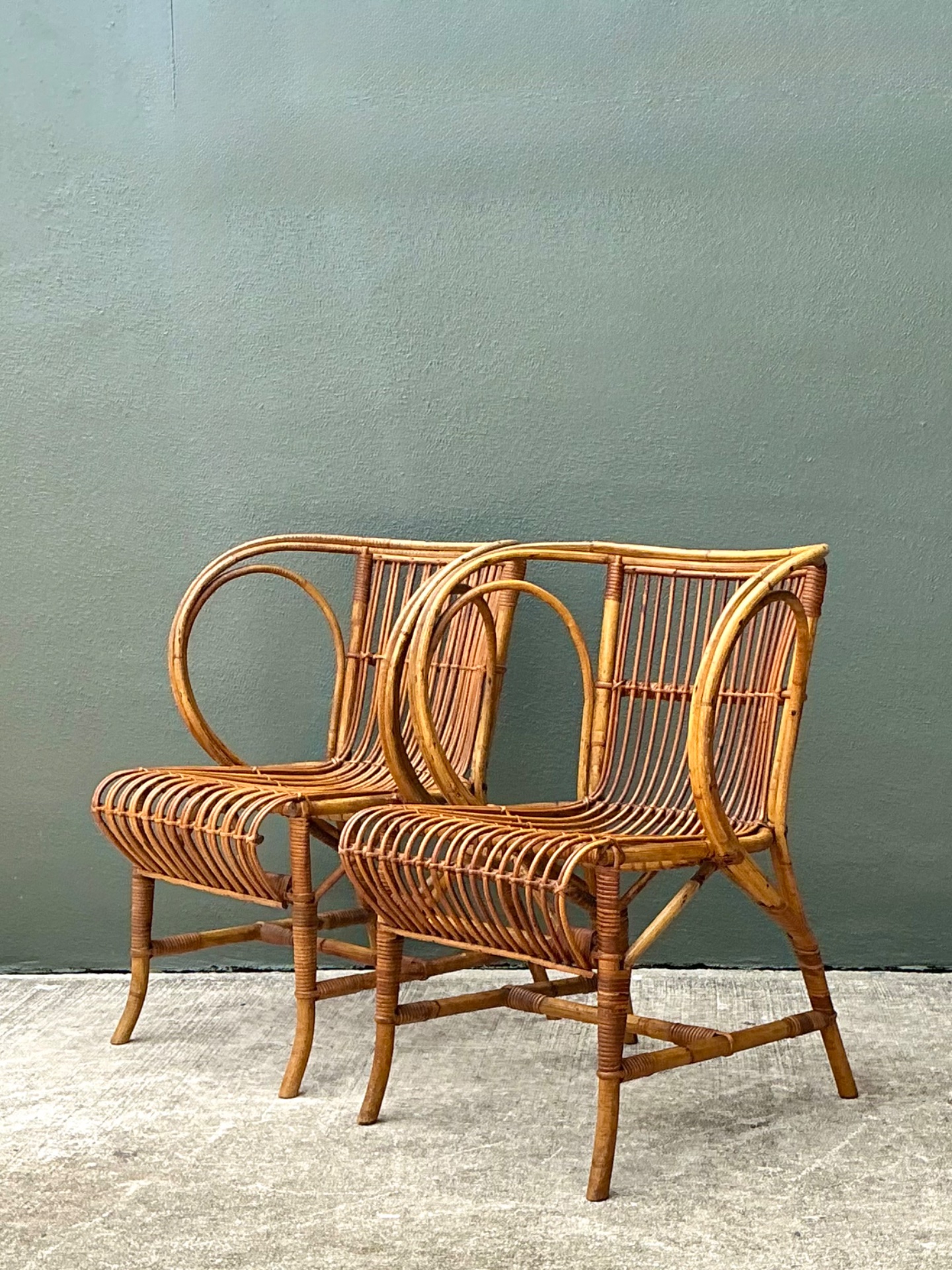 Vintage 1940s Danish Tove Kindt Larsen For Robert Wengler Stick Rattan Lounge Chairs - A Pair - Top view