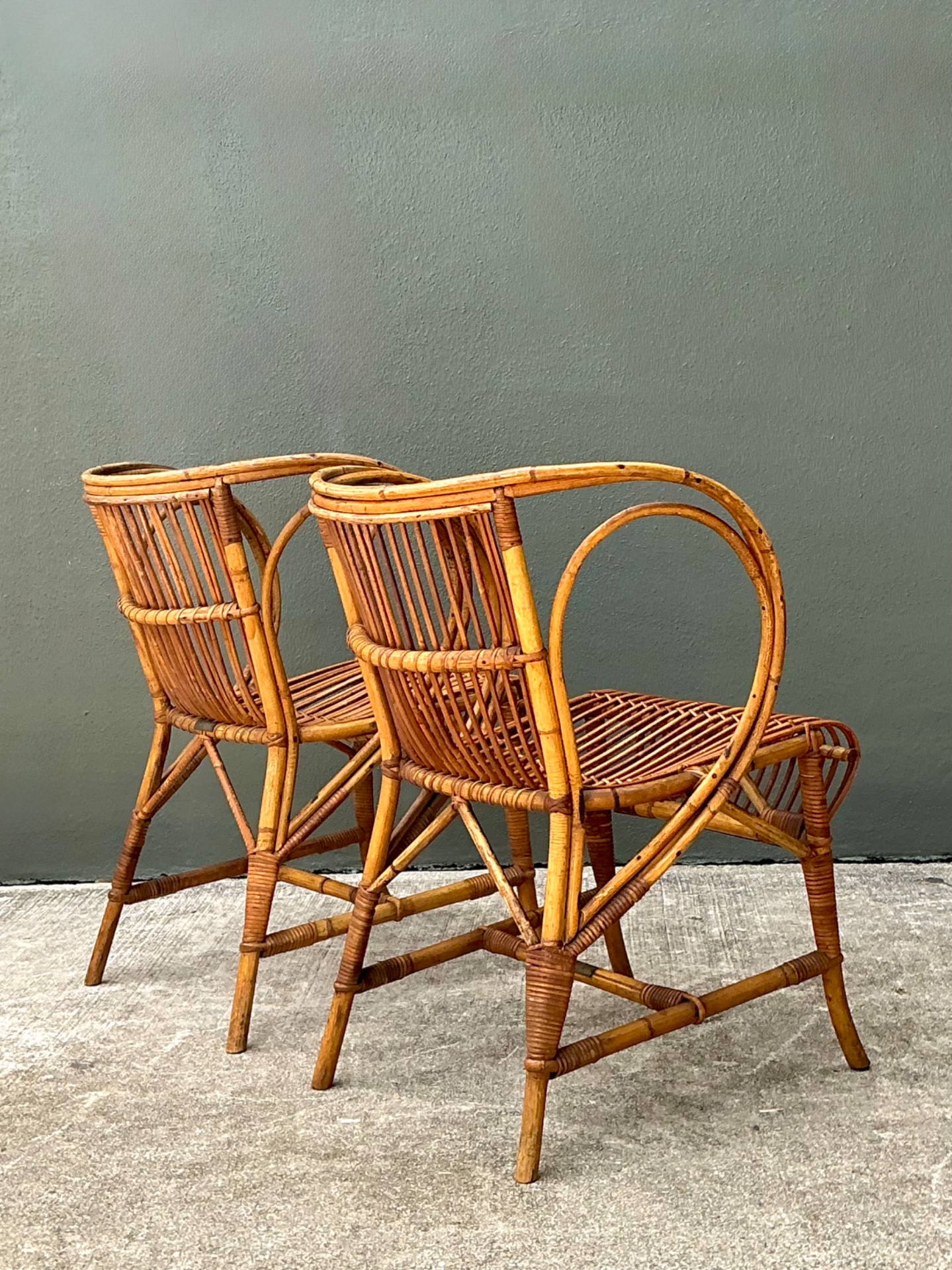 Vintage 1940s Danish Tove Kindt Larsen For Robert Wengler Stick Rattan Lounge Chairs - A Pair - Detail view