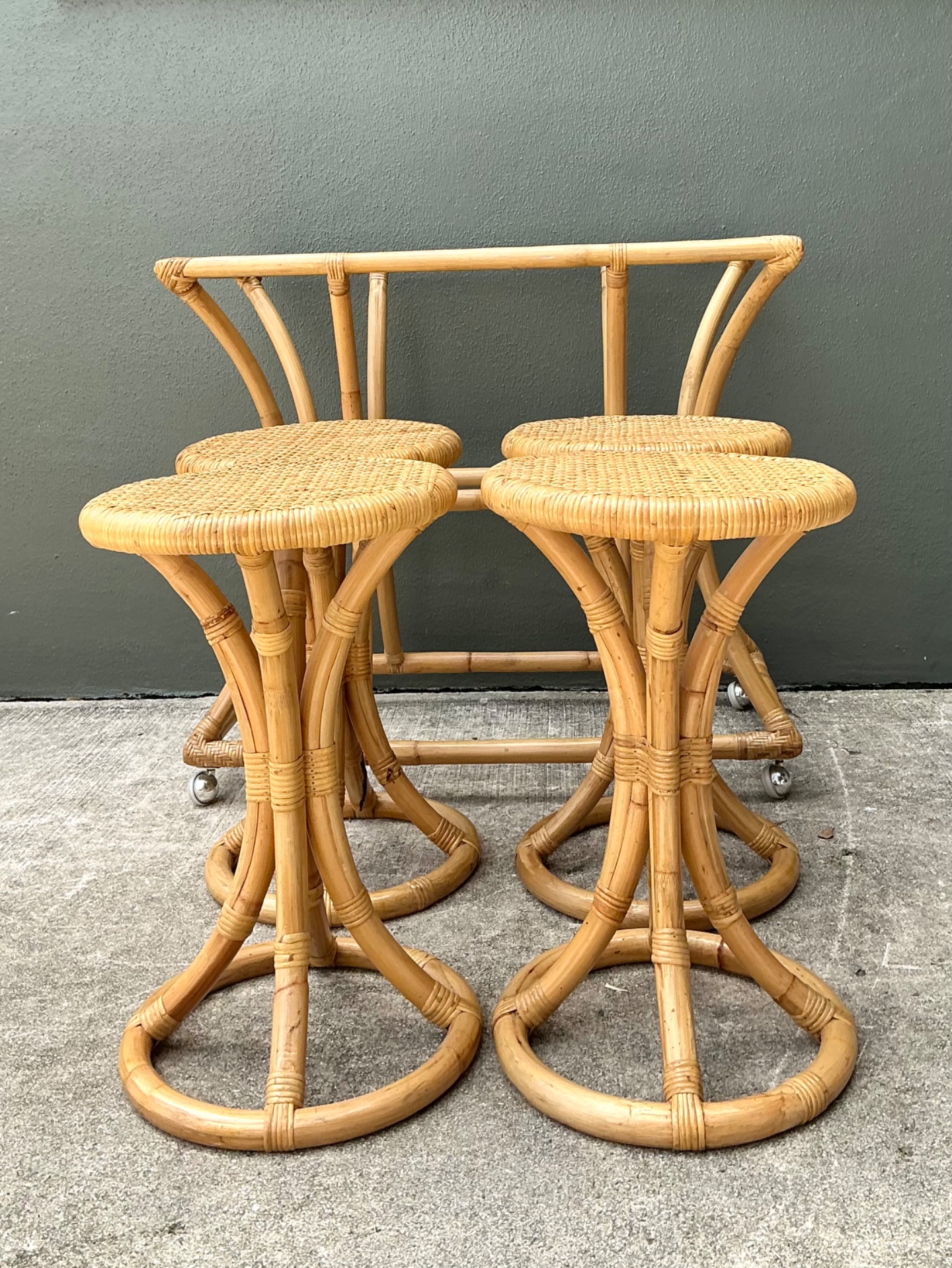 Vintage Rattan High Top Table With Coordinating Stools - Set Of 5 - Detail view