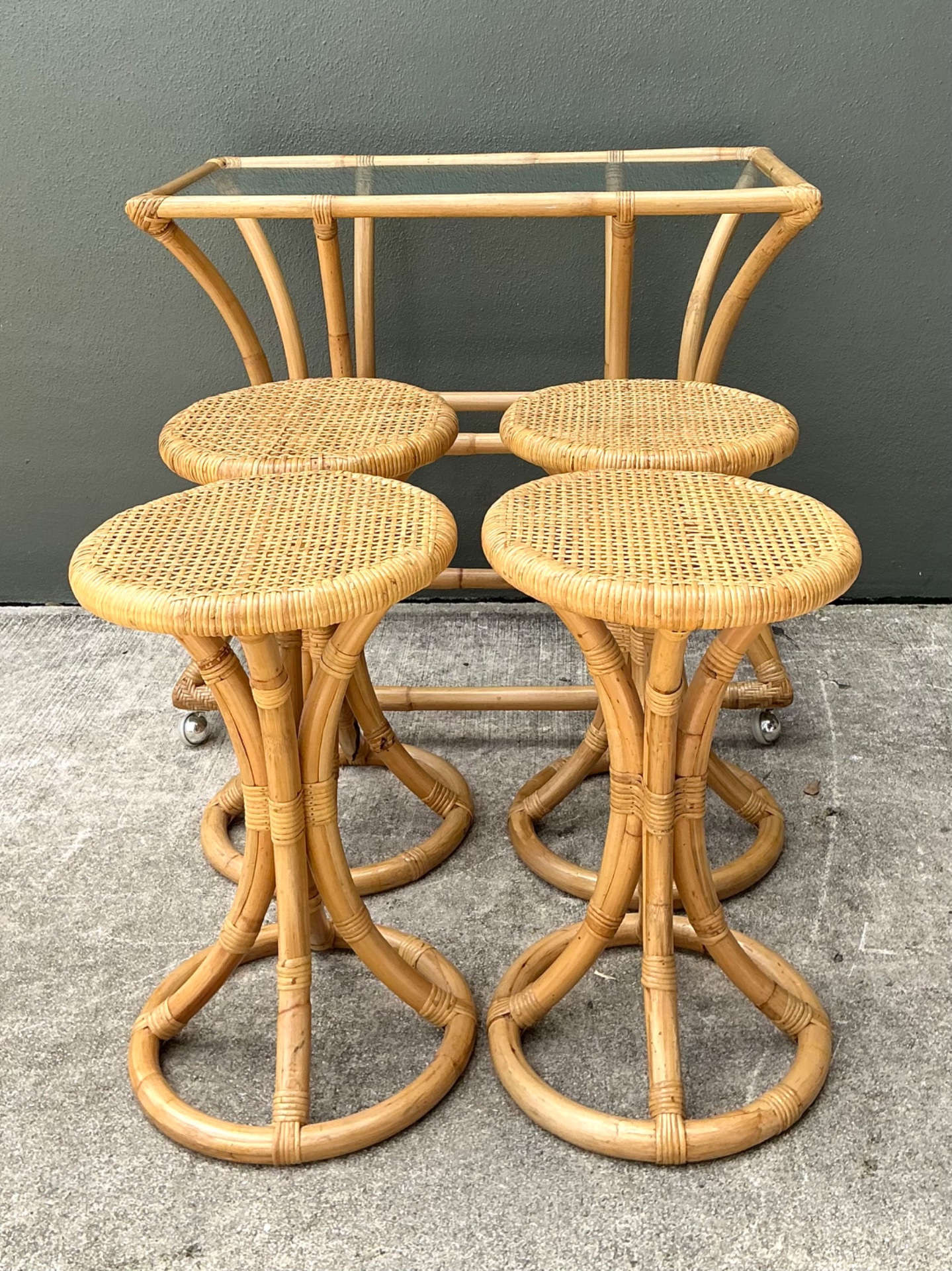 Vintage Rattan High Top Table With Coordinating Stools - Set Of 5 - Back view