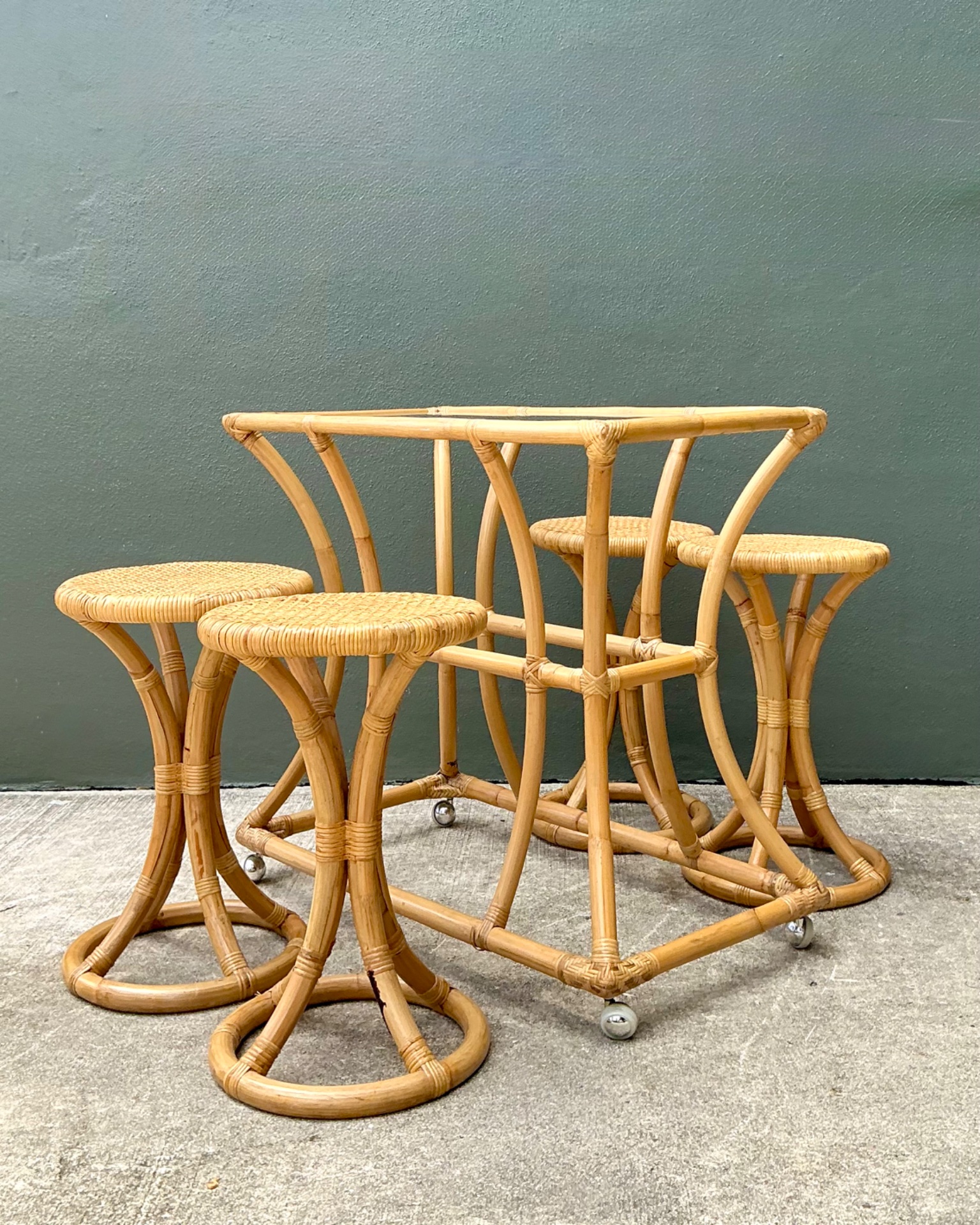 Vintage Rattan High Top Table With Coordinating Stools - Set Of 5 - Top view